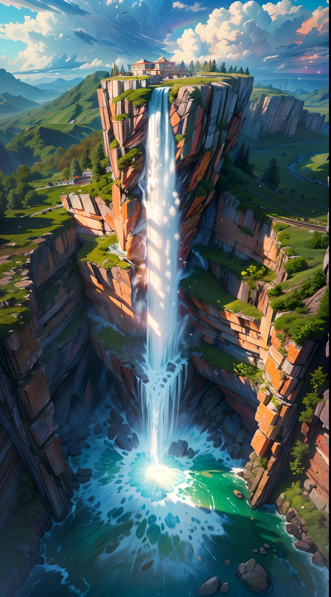 (best quality,4k,8k,highres,masterpiece:1.2),ultra-detailed,(realistic,photorealistic,photo-realistic:1.37), HDR, UHD, studio lighting, extreme detail description, professional, vivid colors, bokeh, portraits, landscape, physcially-based rendering, concept artists, water fall, flying sky island, god of war style, natural, flying island above the sea, colorful, rainbow, giant water fall, sunset, purple sky, yellow sun, bright clouds, reflection on the water surface.