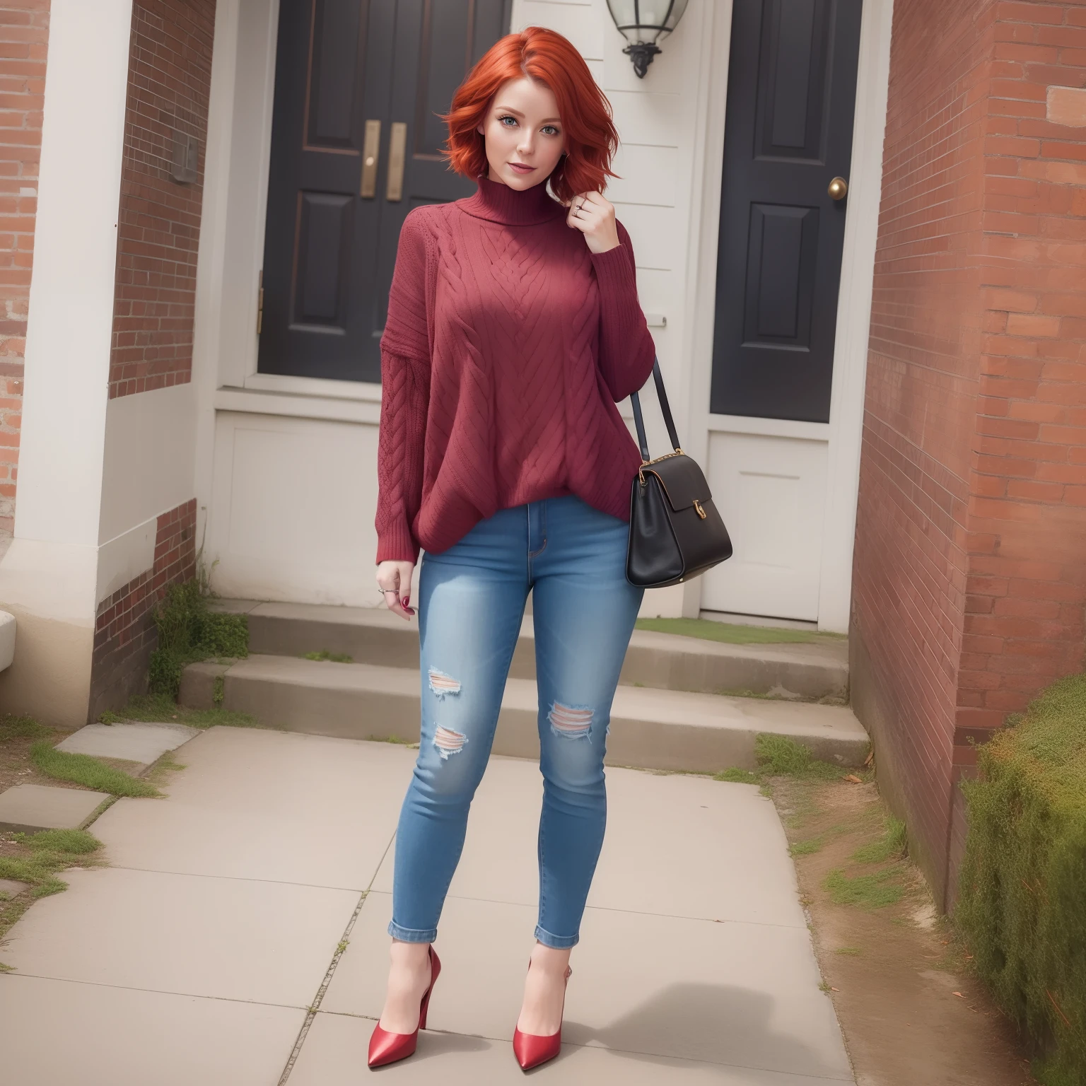 woman 35, irish, extremely beautiful, short red hair, full body wearing stylish jeans and a sweater