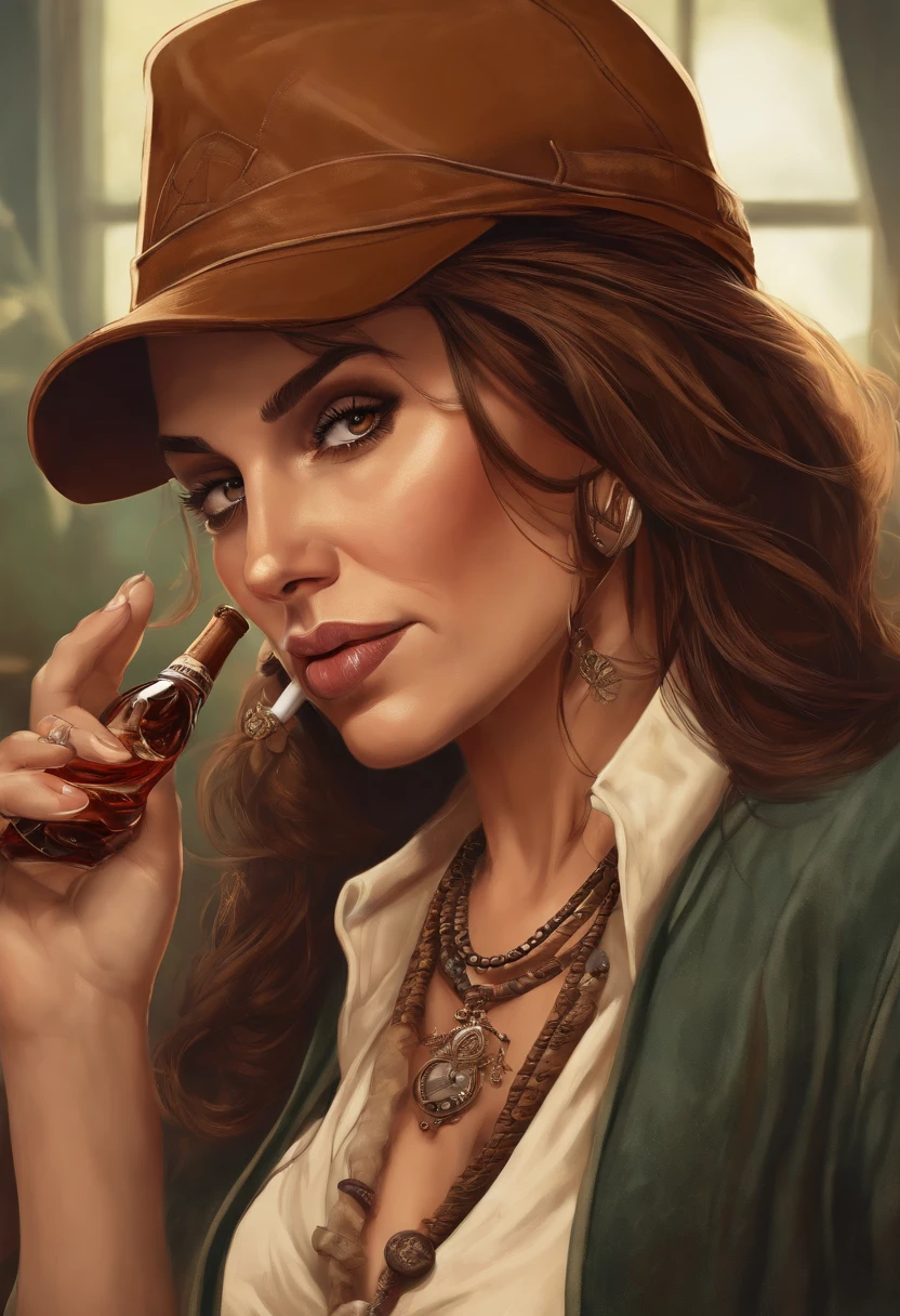 alcoholism drunkenness junky drunk Middle-aged woman(2.5dimension realisitic Baseball Cap poneyTail Brown hair piercings) tobacco cigar pipes