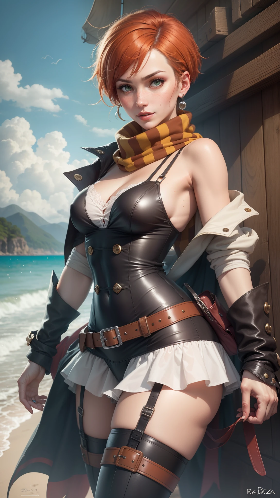 gwen tennyson,rebecca chambers,ada wong,tracer,yorha 2b,atelier ryza,pirate outfit,beach,green eyes,long scarf,thigh high boots,garter belt, shy smile,striped panties,short hair,orange hair,pirate ship,white striped top,tight gothic mini skirt,wet body,freckles,redhead,pirate corset,pirate jacket,beautiful girl,small breasts,ultra detailed,realistic,pearl earrings,