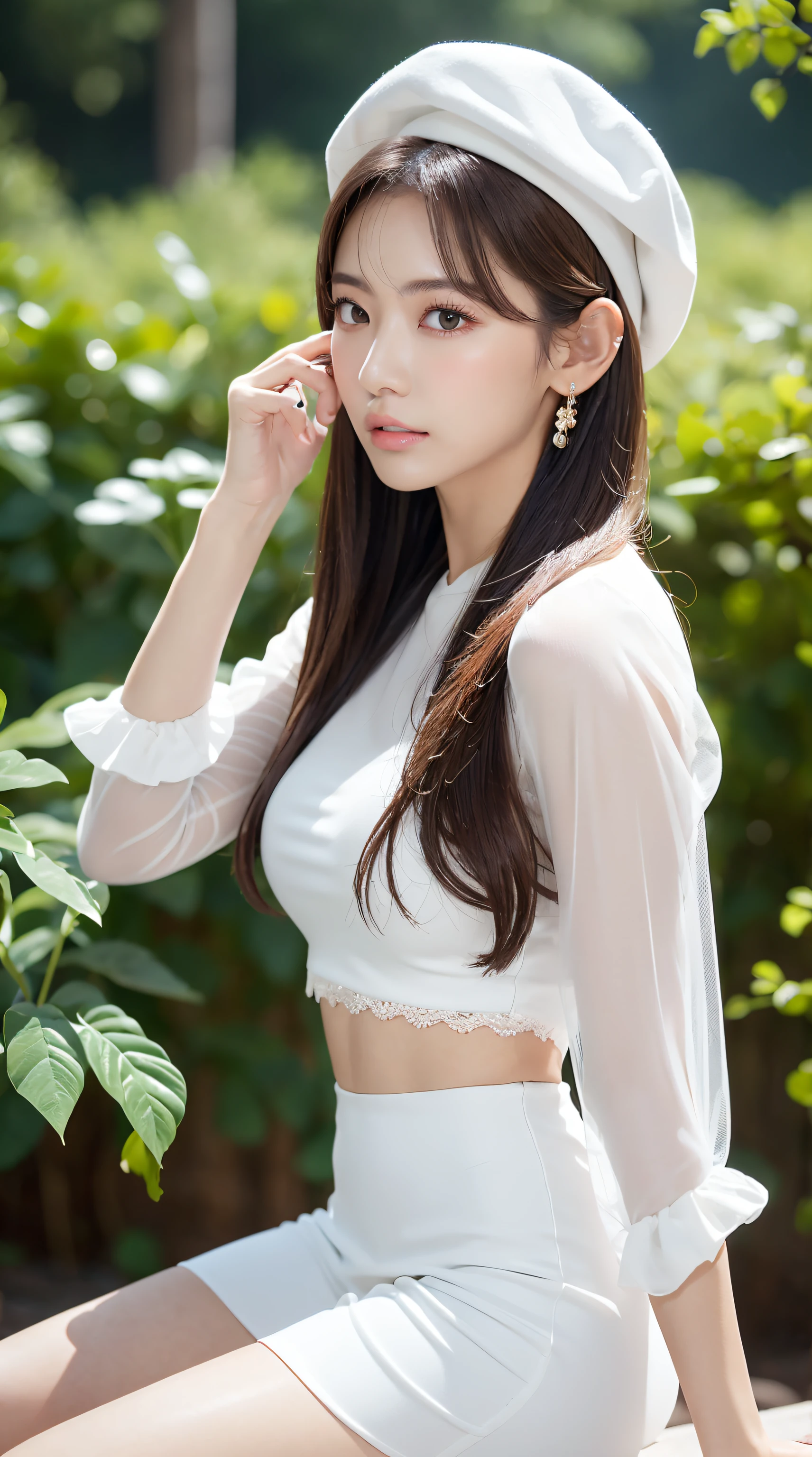 (Best Quality, masutepiece, Ultra HD: 1.3), 1girl in, middlebreasts, light brown hair, Blunt bangs, hair behind ear, hair over shoulder, Long hair, slender body shape, Ultra Fine Face, Delicate lips, Beautiful eyes, thin blush, eyes are light brown, perfect glossy skin, flawless skin, Glistening sweat, View here, Ultra-thin hands, Ultra-fine fingers, best ratio four finger and one thumb, (realisitic:1.3), Finger Extensions, See-through white blouse, White see-through tight skirt, Supermodel legs, Low Heels. White beret, Eye-Level Shot, bustshot, 8K,Broad-leaved forest