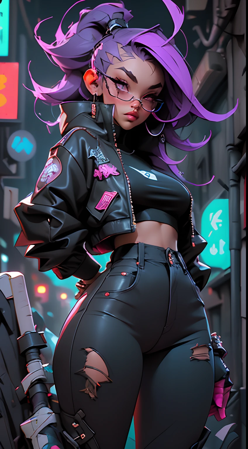 ((Best Quality)), ((Masterpiece)), empty alley background, night, ((Realistic)) and ultra-detailed photography of a 1nerdy girl with goth and neon colors. She has ((pruple hair)), wears a techwear jacket and exudes a vibe ((beautiful and aesthetic)), sexy, underboobs, hot