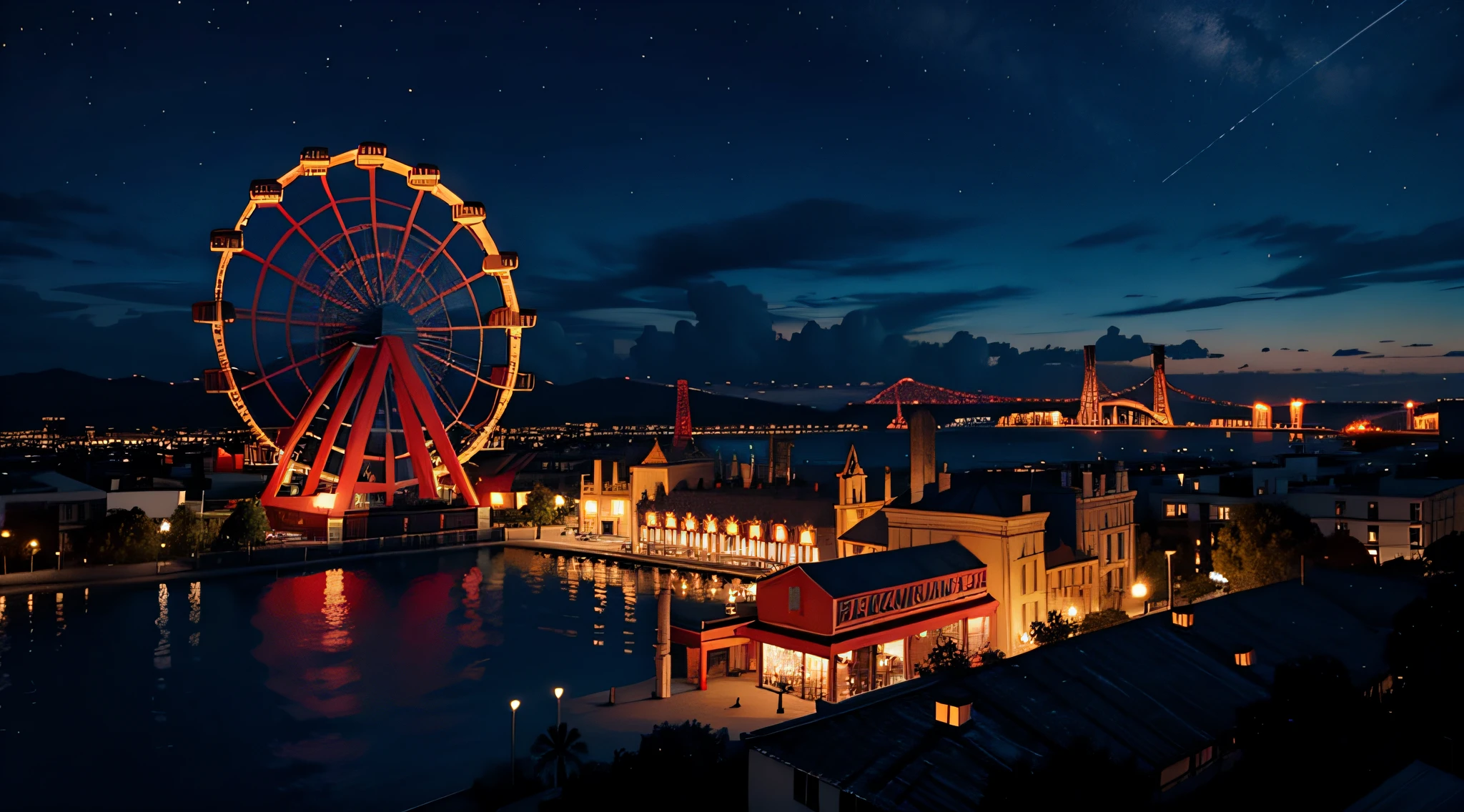 Generate an image from an aerial angle showing a panoramic view of the 'demonic' fair. En el centro del recinto, the character who looks like Chuty is in a nightmare-themed setting. Lo rodean atracciones retorcidas y distorsionadas, Like deformed roller coasters and a rusty Ferris wheel. El cielo nocturno se ilumina con destellos rojos y azules, y sombras siniestras se extienden por el suelo