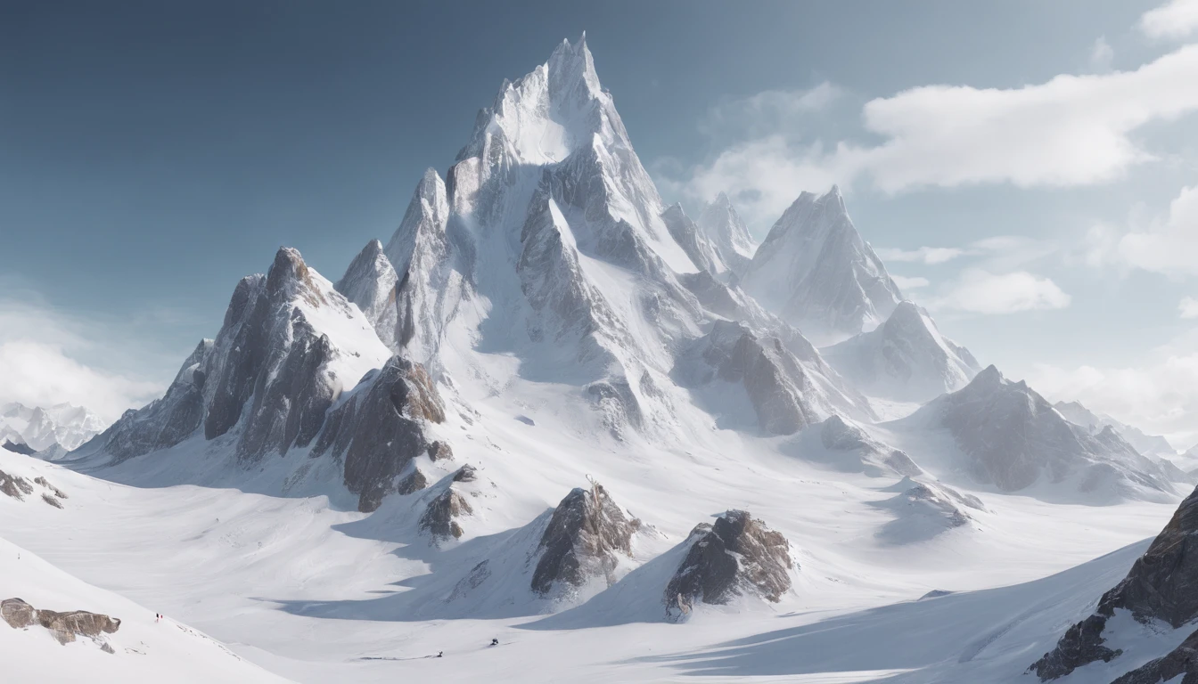 snow mountains，Rolling peaks，Oyuki，The foot of the mountain is cloudy，Thick clouds，oc rendered，high qulity，tmasterpiece，Hyper-realistic，Ultra photo realsisim，8K，super-fine，ultra - detailed，Ultra-wide angle of view，dynamic viewing angle