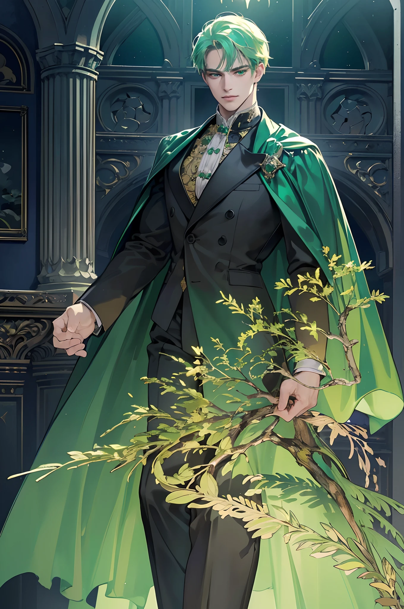 masterpiece, best quality, realistic, 1man, mature male, quiet and charming young man, 28 years old, serious look, extremely detailed face, detailed eyes, detailed background, cinematic lighting, looking at the audience, posture dynamics, (masterpiece, top quality, best quality, beautiful illustration, official art, wide angle, beautiful and aesthetic :1.5), Masterpiece Background Midnight, Darkness, Dark Room, Dark tone, castle, castle windows, Moonlight, (Moonlight Only: 1.5), Invincible Smile, smirk, Bewitching, gentleman, ((emerald green eyes)), ((short pale golden hair)), [thick eyebrows], ((suit)), green cape, black suit, black pants, yellow hair, golden hair, light yellow hair, pale yellow hair