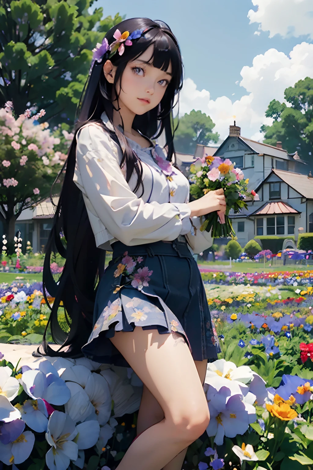 absurderes, hight resolution, (Official art, Beautiful and aesthetic:1.2), (Close View:1.2), Front composition,
1girl in, (Long hair:1.2), dark blue hair, Wavy Hair, Blunt Bangs, purple eyes,
(Everywhere in the flower garden:1.6), (Flower Effects:1.2), (Floral background:1.2), (Background filled with flowers:1.4), (Fancy backgrounds:1.1)、(a miniskirt、light skinned、kawaii)