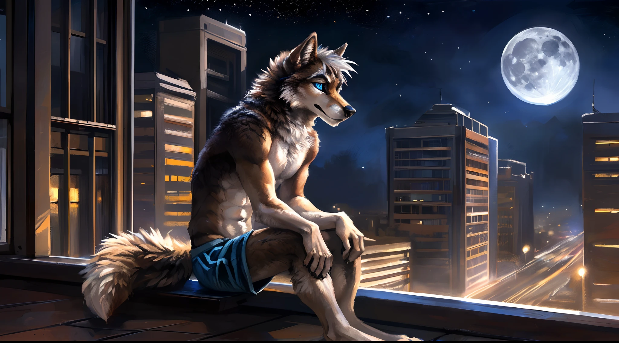 ((Solo)), male people, anthro wolf, (Multi-colored fur, White-brown:1.3), ((Wolf face, White hair, Big eyes, White eyelids, Blue pupil, Slim:1.2) (Tough, Calm expression:1.2)), Abs, Slim, pinging)), (Correct anatomy), (Work shorts:1.1), (Contour bone:1.2), The upper body is naked, (detailed outfits),A big tail,Feet,Long legs,(Realistic fur, Detailed fur texture, labeled:1.3)), (Natural lighting), Photorealistic, Hyperrealistic, ultradetailed, by Kenket,In the modern city,Roof roof,the night,Sit alone,Look at the full moon,It was dark,Starry
