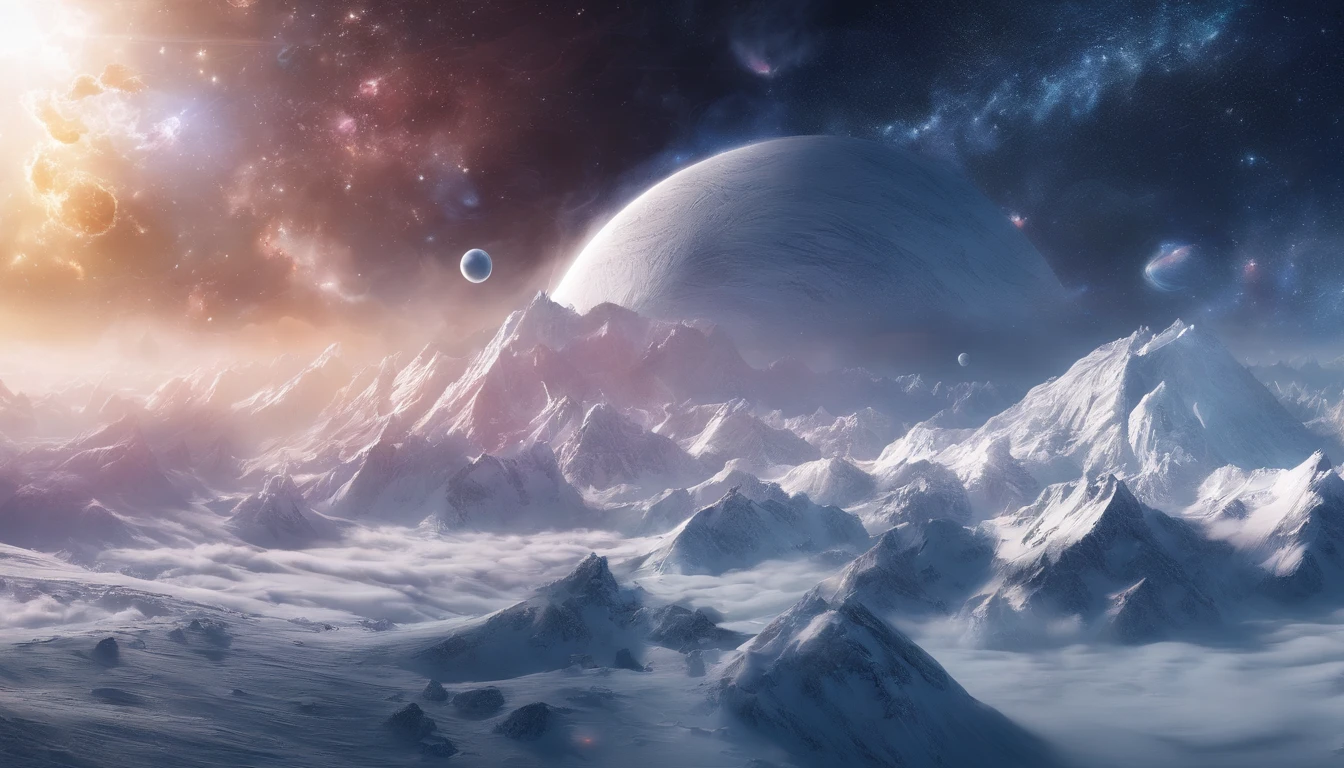 snow mountains,Rolling peaks,Oyuki,The foot of the mountain is cloudy,Thick clouds,oc rendered,high qulity,tmasterpiece,Hyper-realistic,Ultra photo realsisim,8K,super-fine,ultra - detailed,Ultra-wide angle of view,dynamic viewing angle