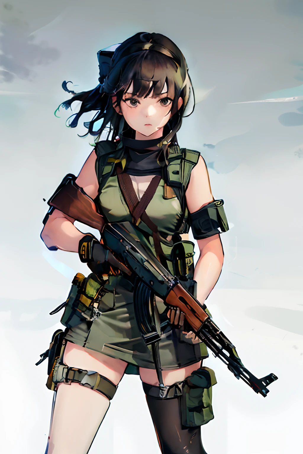 ((best quality)), ((masterpiece)), ((high res)), 1girl, muslim, brown eyes, full body, gloves, black hair, gun, holding and aiming gun, holding weapon, holster, kochiy sanae, pistol, solo, suppressor, thigh holster, thigh strap, trigger discipline, weapon, medium hair, matching pantyhose, tights,