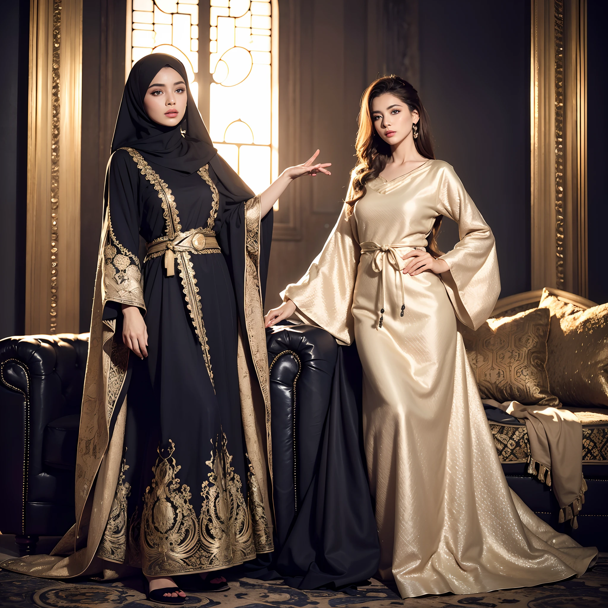 Best quality, Masterpiece, ultra highres, (photoreallistic:1.4), Photo brute, 1fille, cheveux blonds, yeux bleus,  Detailed eyes and face, costume noir, dinamic lighting, Dans le noir, ombre profonde, Wear a respectable Moroccan caftan different types of design colors full caftan outfit cover full body Islamic caftan portrait zoom full caftan outfit