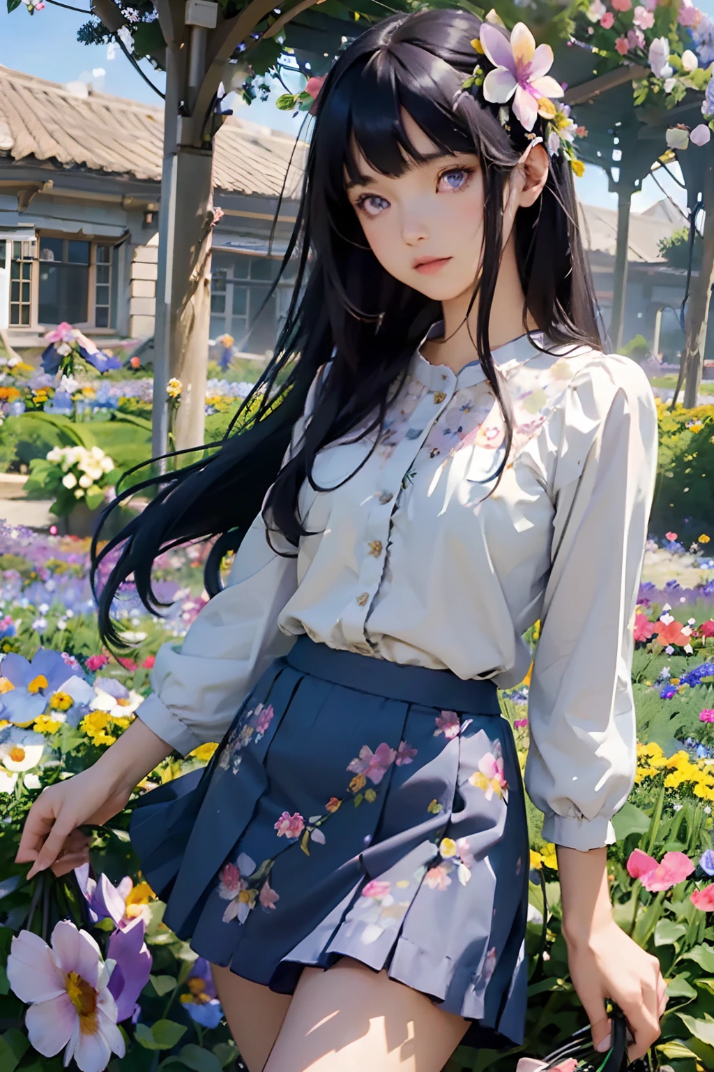 absurderes, hight resolution, (Official art, Beautiful and aesthetic:1.2), (Close View:1.2), Front composition, 
1girl in, (Long hair:1.2), dark blue hair, Wavy Hair, Blunt Bangs, purple eyes,
(Everywhere in the flower garden:1.6), (Flower Effects:1.2), (Floral background:1.2), (Background filled with flowers:1.4), (Fancy backgrounds:1.1)、(a miniskirt、light skinned、kawaii)