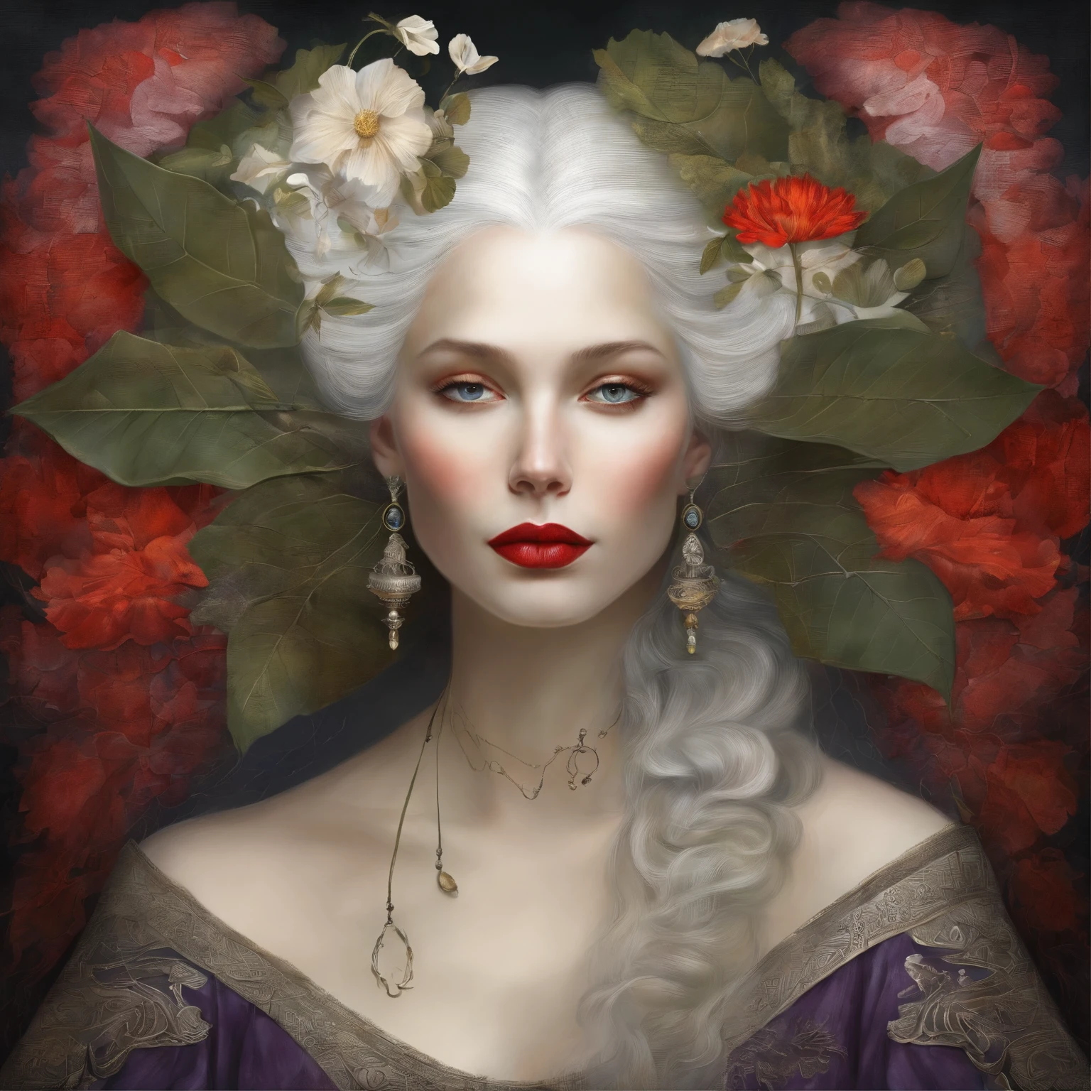 Claudia Schiffer young: Complete body of cartilage and bones. Wings of oak branches and purple cotton. Large green leaves, organic wings with rusty metal components and riveted caps, cut-out clothing, exotic planet background, very long hair, high resolution, jabot-style sleeves, long sleeves, nier (series), nier automata, puffed sleeves, red lips, face in shadow,
white hair, sky flowers, 32k- HD. Nordic Queen, Inspirado por James Christensen, Modernismo , inspirado por James C. Christensen, estilo Gustav Klimt, A beautiful fantastic, Diosa antigua , inspirado en Tosa Mitsunobu, inspired by Edo Murtić