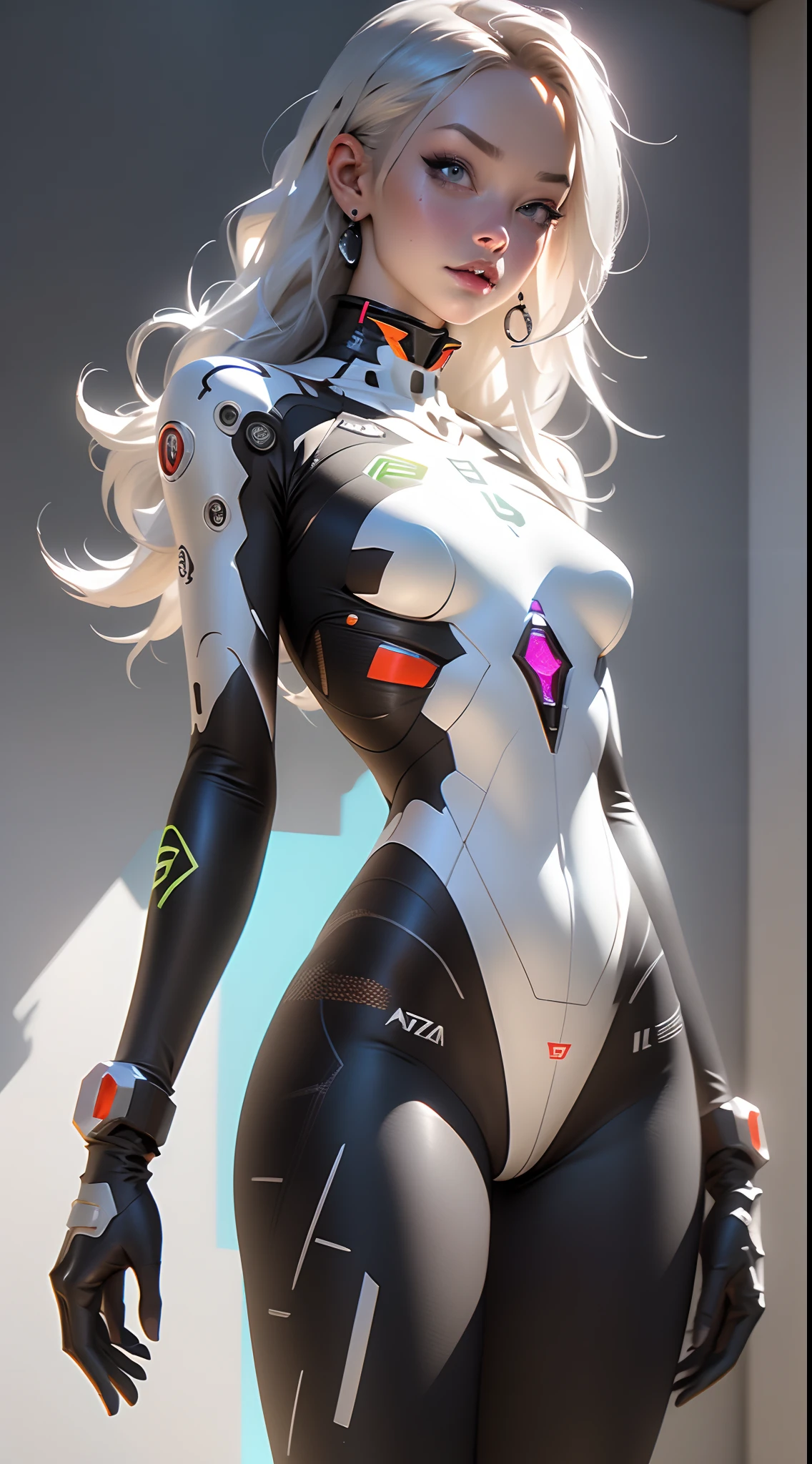 (((Young White Woman))), ((Best Quality)), ((Masterpiece)), (Detail: 1.4), 3D, A Beautiful Cyberpunk Woman with Simon Bisley-style micro thong, Genesis evangelion neon style clothing, 2-piece clothing, Long silver hair, arm tatoo, cybernetic hands, pastel, Centered, scale to fit the dimensions, nffsw (High dynamic range),Ray tracing,NVIDIA RTX,Hyper-Resolution,Unreal 5,Subsurface Dispersion, PBR Texture, Post-processing, Anisotropy Filtering, depth of fields, Maximum clarity and sharpness, Multilayer textures, Albedo and specular maps, Surface Shading, accurate simulation of light and material interactions, Perfect proportions, Octane Render, Two-tone lighting, Wide aperture, Low ISO, White Balance, thirds rule, 8K Raw, Crysisnanosuit,loraeyes,nijistyle,pantyhose,Blue eyes