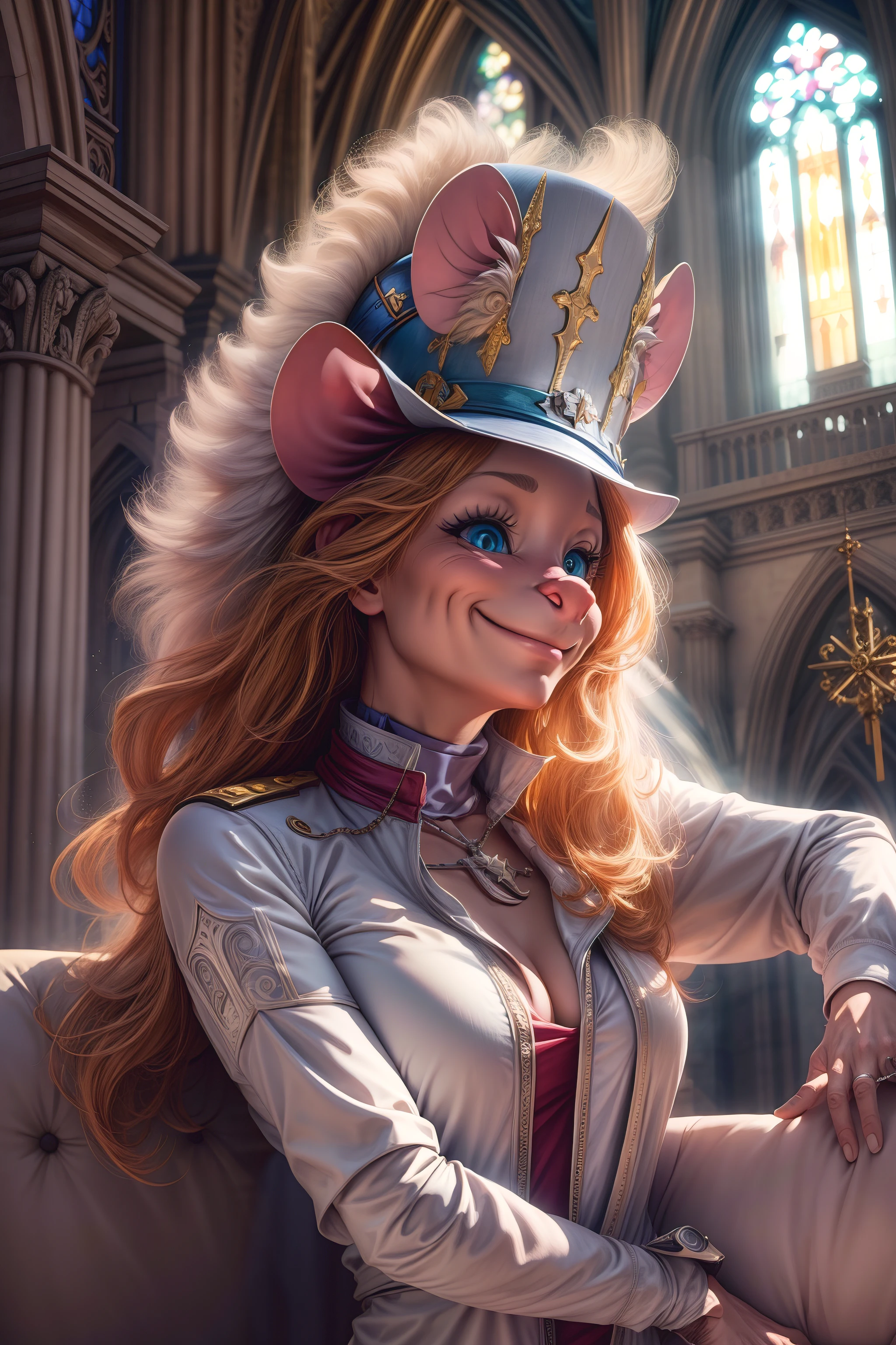 sexy gadget_hackwrench as the pope in a cathedral, smile, looking at viewer, cowboy shot, (high quality:1.2), masterpiece, detailed, highres, 8k, sharp focus, high saturation