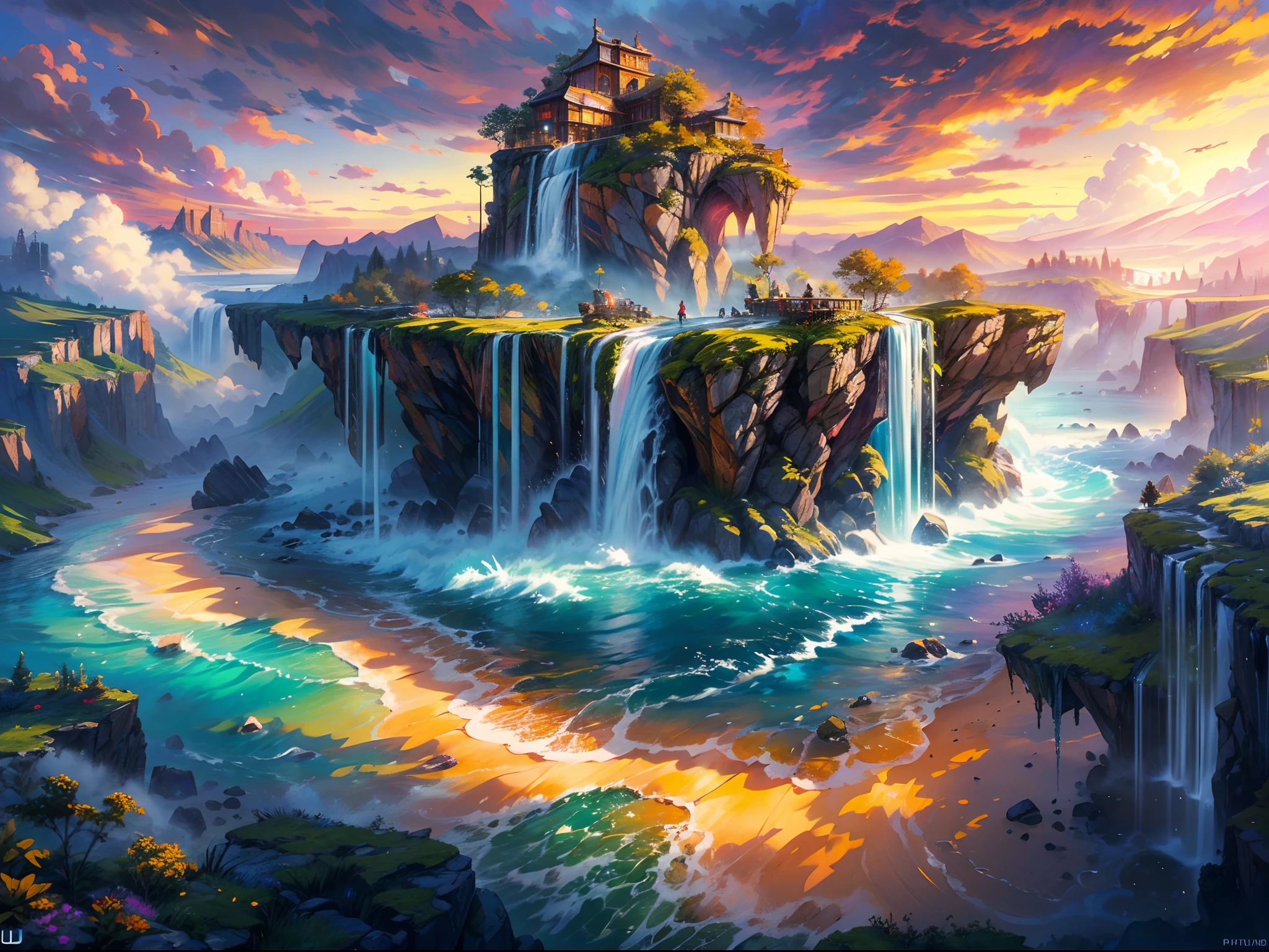 (best quality,4k,8k,highres,masterpiece:1.2),ultra-detailed,(realistic,photorealistic,photo-realistic:1.37), HDR, UHD, studio lighting, extreme detail description, professional, vivid colors, bokeh, portraits, landscape, physcially-based rendering, concept artists, water fall, flying sky island, god of war style, natural, flying island above the sea, colorful, rainbow, giant water fall, sunset, purple sky, yellow sun, bright clouds, reflection on the water surface.