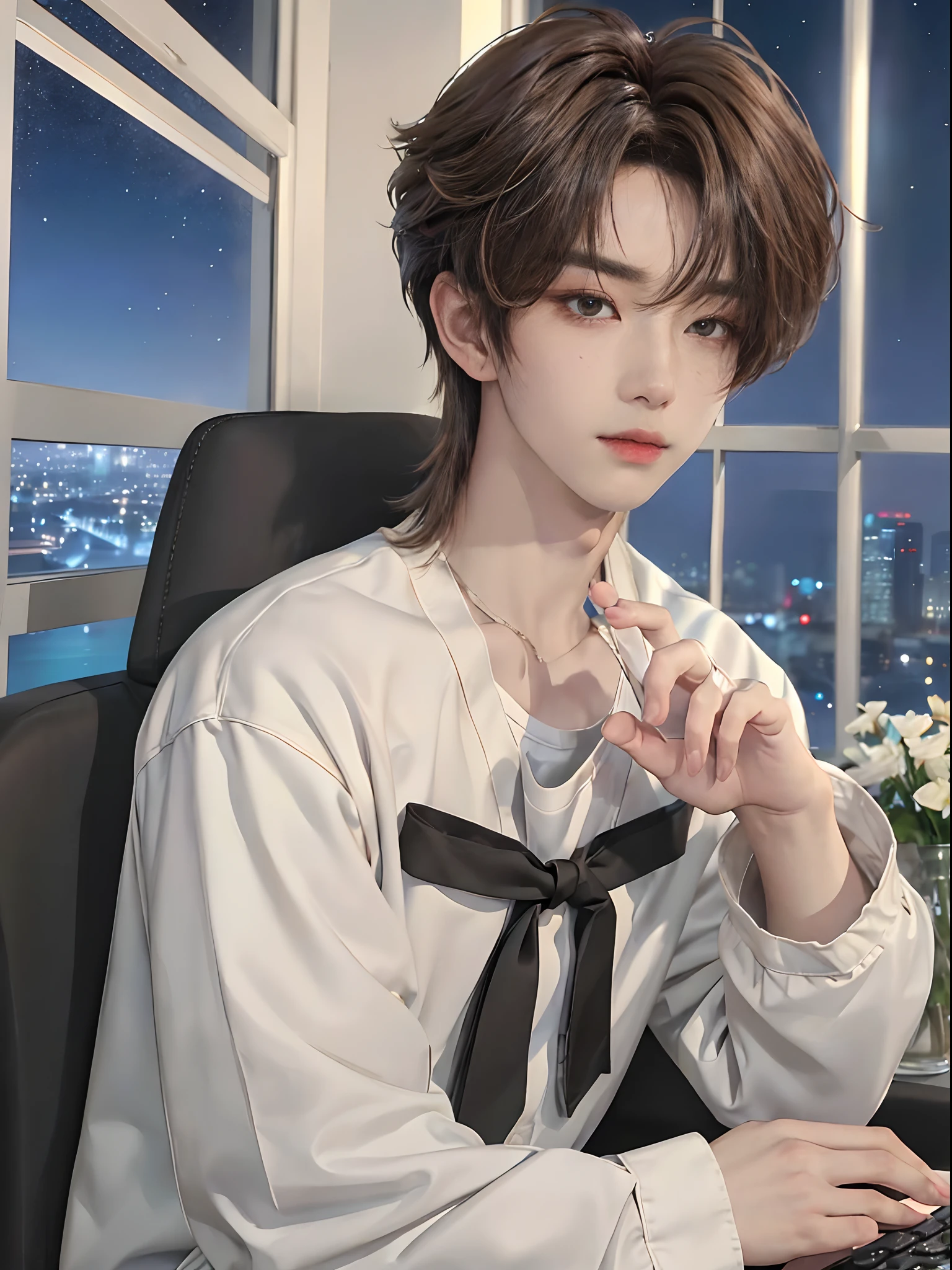 ((4K))、​masterpiece、（top-quality)、((high-level image quality))、One Manly Boy、((Fashionable plain clothes))、(Detailed beautiful eyes)、Stylish homeroom at night with a view of the night sky from the window、Take a selfie while sitting in a gaming chair in front of your PC、Face similar to Chaewon in Ruseraphim、((short hair above the ears))、((Smaller face))、((Neutral face))、((Light brown eyes))、((Korean boy))、((18year old))、((Handsome man))、((Wild look))、((Korean Makeup))、((elongated and sharp eyes))、((During game streaming))、((Shots from the upper body))、((Bring your face closer to your audience))