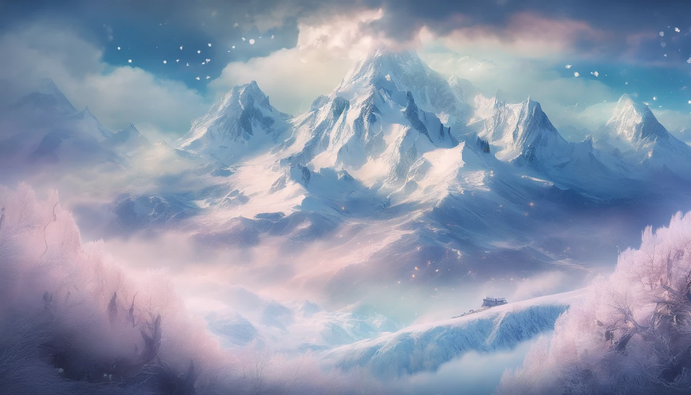 snow mountains,Rolling peaks,Oyuki,Cloudy at the foot of the mountain,Thick clouds,oc rendered,high qulity,tmasterpiece,Hyper-realistic,Ultra photo realsisim,8K,super-fine,ultra - detailed,Ultra-wide angle of view,dynamic viewing angle