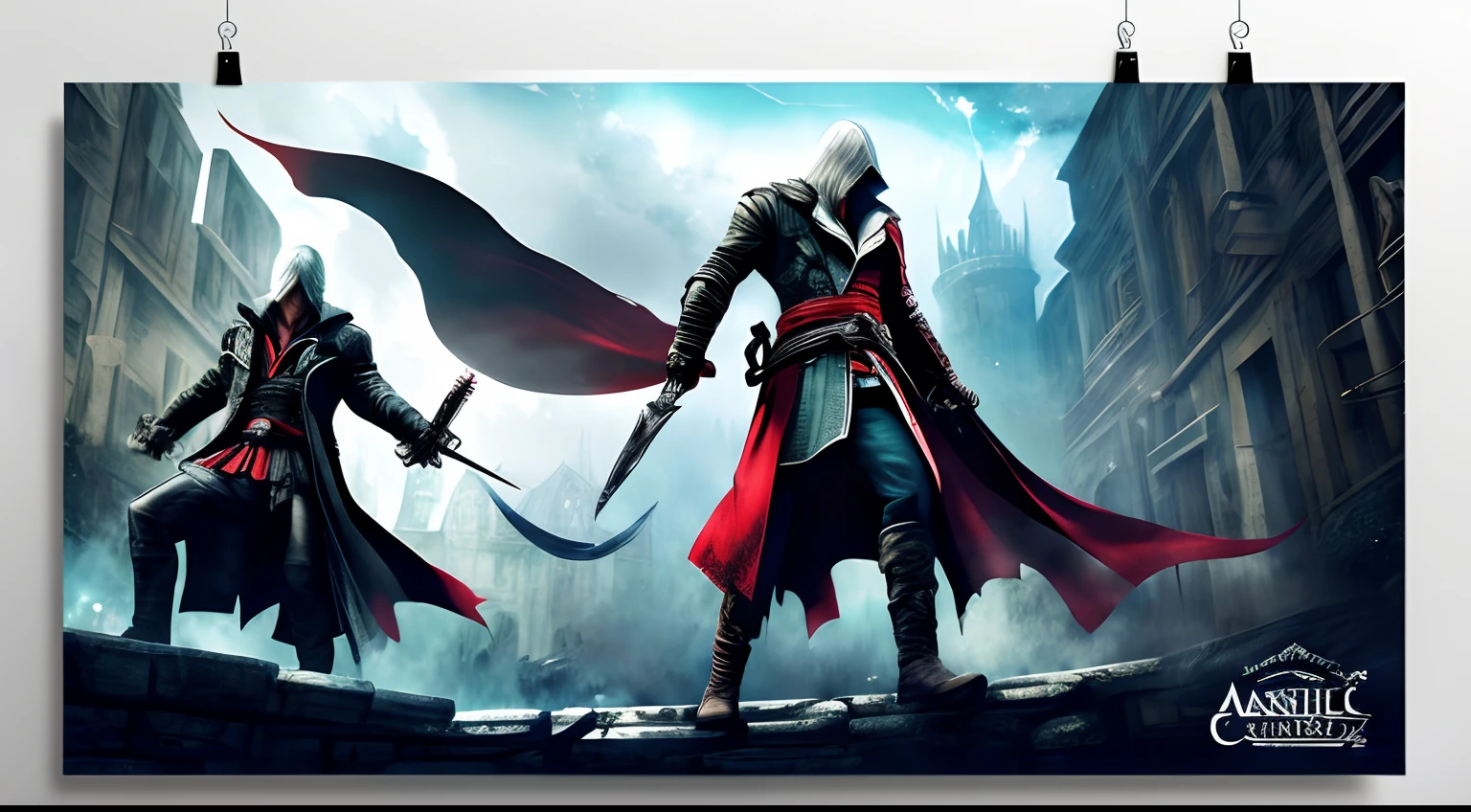 "Create an ink drawing-style illustration on white paper, representing the characters Dante from the game Devil May Cry 4 and Ezio Auditore de Firenze from the game Assassin's Creed 2 in a dynamic and vibrant confrontation. Incorporate watercolor splash art elements as a complement to the scene. Highlight the text 'BOOTS PROS' prominently in the center of the image. The image must be 13500x13500 pixels in size. Use an art style reminiscent of anime, with 3D details to give depth and realism to the scene. This illustration should have a movie poster quality, with typography that harmonizes with the theme. Make sure the 3D rendering and painting blend together in a stunning way."