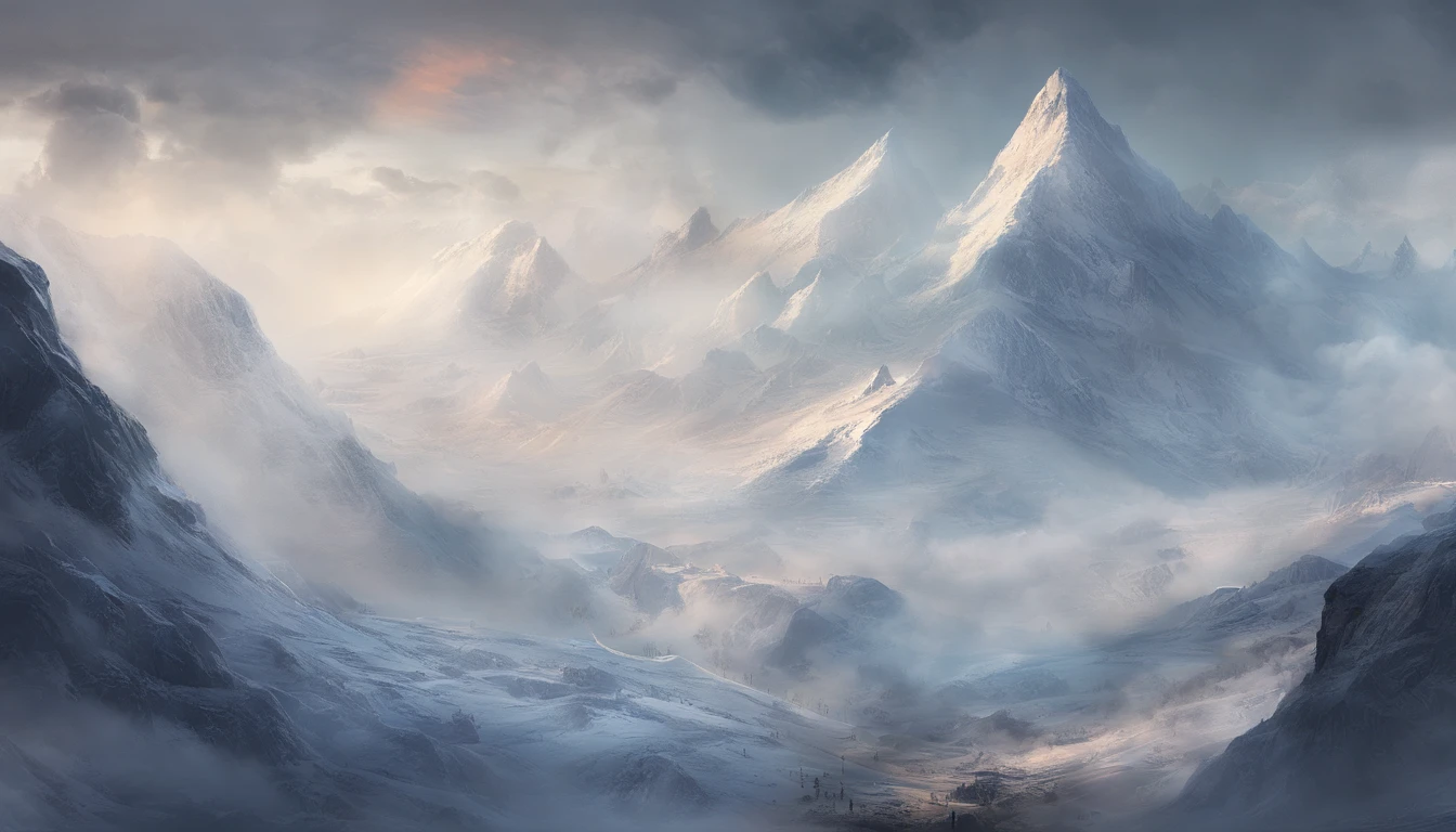 snow mountains,Rolling peaks,Oyuki,Cloudy at the foot of the mountain,Thick clouds,oc rendered,high qulity,tmasterpiece,Hyper-realistic,Ultra photo realsisim,8K,super-fine,ultra - detailed,Ultra-wide angle of view,dynamic viewing angle