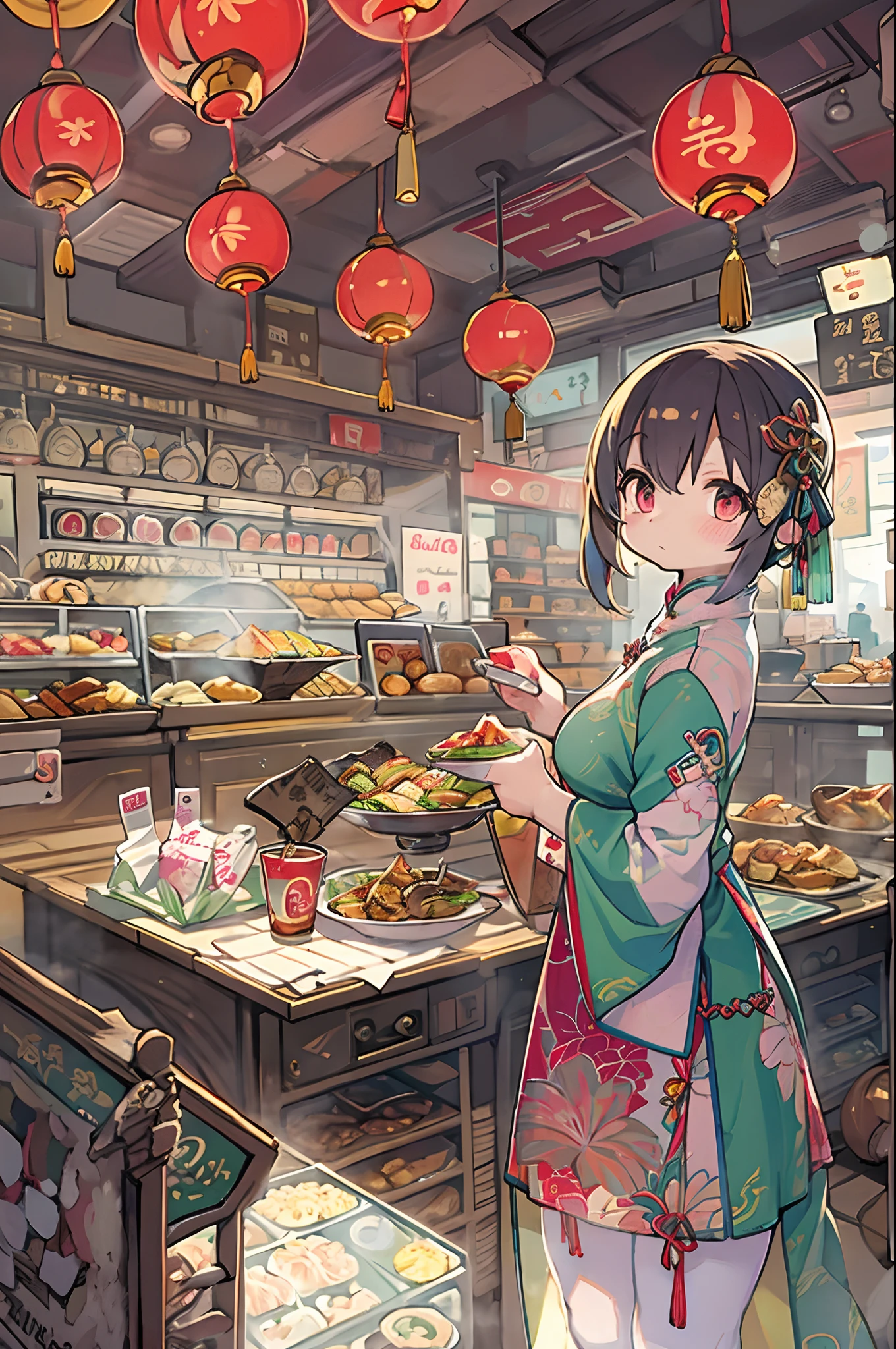 Chinese Restaurant、One Woman、store clerk、qipao dress