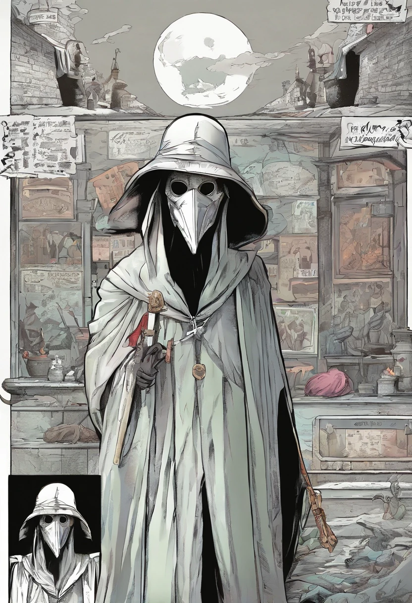 Plague doctor with very well produced mask standing staring straight ahead with a blank and frightening look