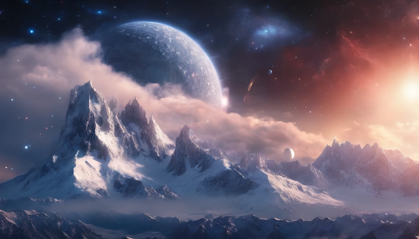 snow mountains，Rolling peaks，Oyuki，Cloudy at the foot of the mountain，Thick clouds，oc rendered，high qulity，tmasterpiece，Hyper-realistic，Ultra photo realsisim，8K，super-fine，ultra - detailed，Ultra-wide angle of view，dynamic viewing angle