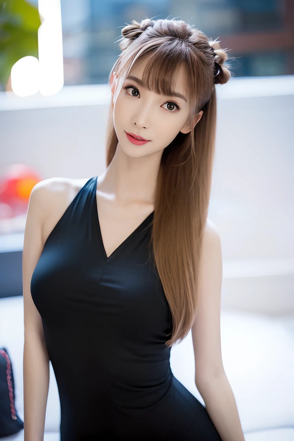 (Detailed skin:1.2),(Shiny skin:1.1),8k,Highest quality, masterpiece, Ultra-high resolution,(Realistic:1.4), RAW Photos,(Soft saturation:1),(Fair skin:1.2),Half-Japanese beauty,23 years old, (Light brown hair),((ponytail:1.4)), (Pretty face:1.4), (Large Breasts, Tight waist,Big firm hips:1.2), ((Beautiful lighting:1.3)), ((Shiny random color bodycon dress:1.3)),(Highly detailed face, Highly detailed lips, fine grain, double eyelid,Highly detailed and evenly balanced eyes), (Sharp focus:1.2), ((Full Body Shot)),(Perfect Anatomy:1.3),(Beautiful woman with perfect figure: 1.2)、((Random sexy poses:1.2))、Sharp Eyes,((smile:1.2)),(Exclusive bar at night)