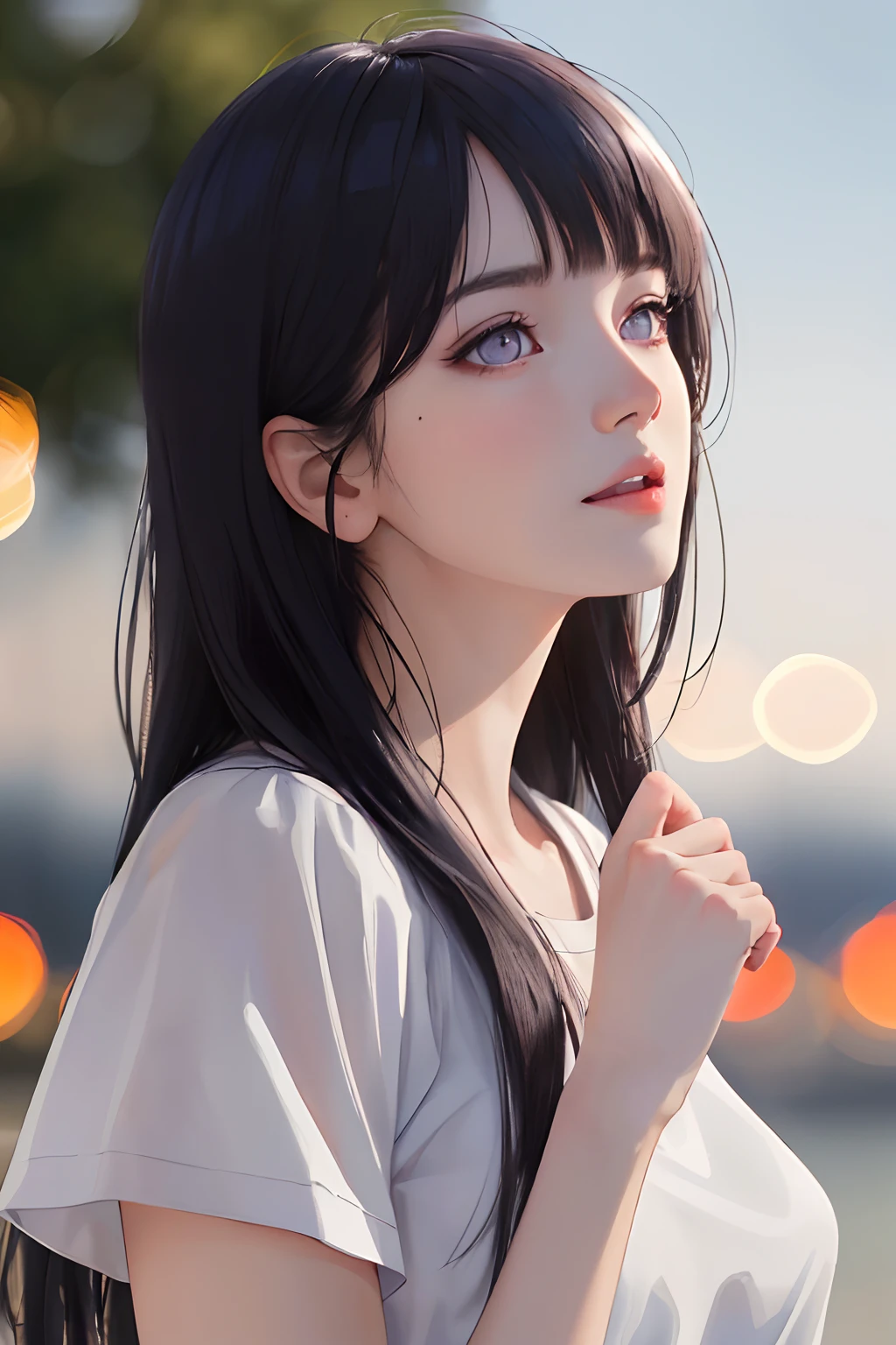 (masterpiece, best quality),  depth of field,1girl, finely detailed, high detail,High quality shadow,beautiful detailed,(bokeh:1.5),taken by Canon EOS, SIGMA Art Lens 35mm F1.4, ISO 200 Shutter Speed 2000 , back lighting,
solo, flower, , outdoors, letterboxed,  day, sky, , cloud, sunlight, white shirt, upper body, from side, blurry,blue sky, (high detailed skin, skin details), beautiful and realistic and detailed hands and fingers:1,best ratio four finger and one thumb,Blunt Bangs, purple eyes, long dark blue hair
looking up , long hair ,  short sleeves, parted lips, shirt , brown hair,
