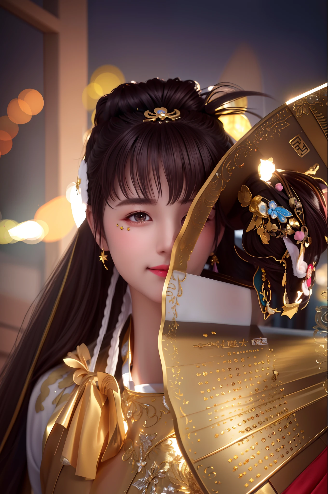 Top Quality, Masterpiece, Hi-Res, One Girl, Blush, (Seductive Smile: 0.8), Star-shaped Pupil, Chinese Han Dress, Hair Ornament, Necklace, Jewelry, Beautiful Face, On Body, Tyndall Effect, (Photorealistic: 1.4), Dark Studio, Rim Lighting, 2 Tone Lighting, (High Detail Skin: 1.2), 8K UHD, DSLR, Soft Lighting, High Quality, volumetric lighting, candid, photo, high resolution, 4k, 8k, bokeh