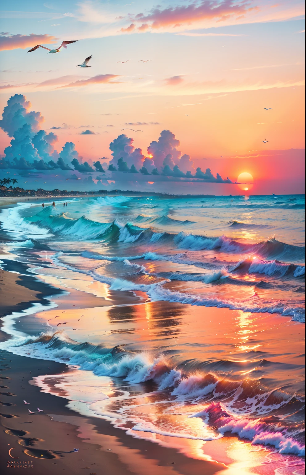 An absolutely mesmerizing sunset on the beach, with a mix of orange, pink, and yellow in the sky. The water is crystal clear, gently kisses the coast, and the white sand is endless. The scene is dynamic and breathtaking, with seagulls soaring high in the sky and palm trees swaying softly. Immerse yourself in the calm atmosphere and let the serenity surround you.