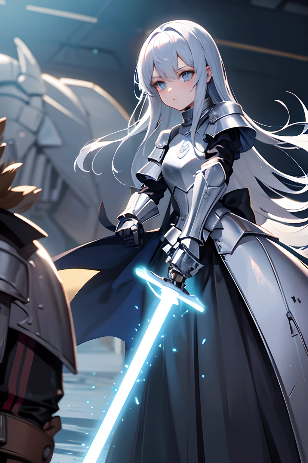 Beautiful girl knight in armor,holding a lightsaber in his hand,Attacking posture