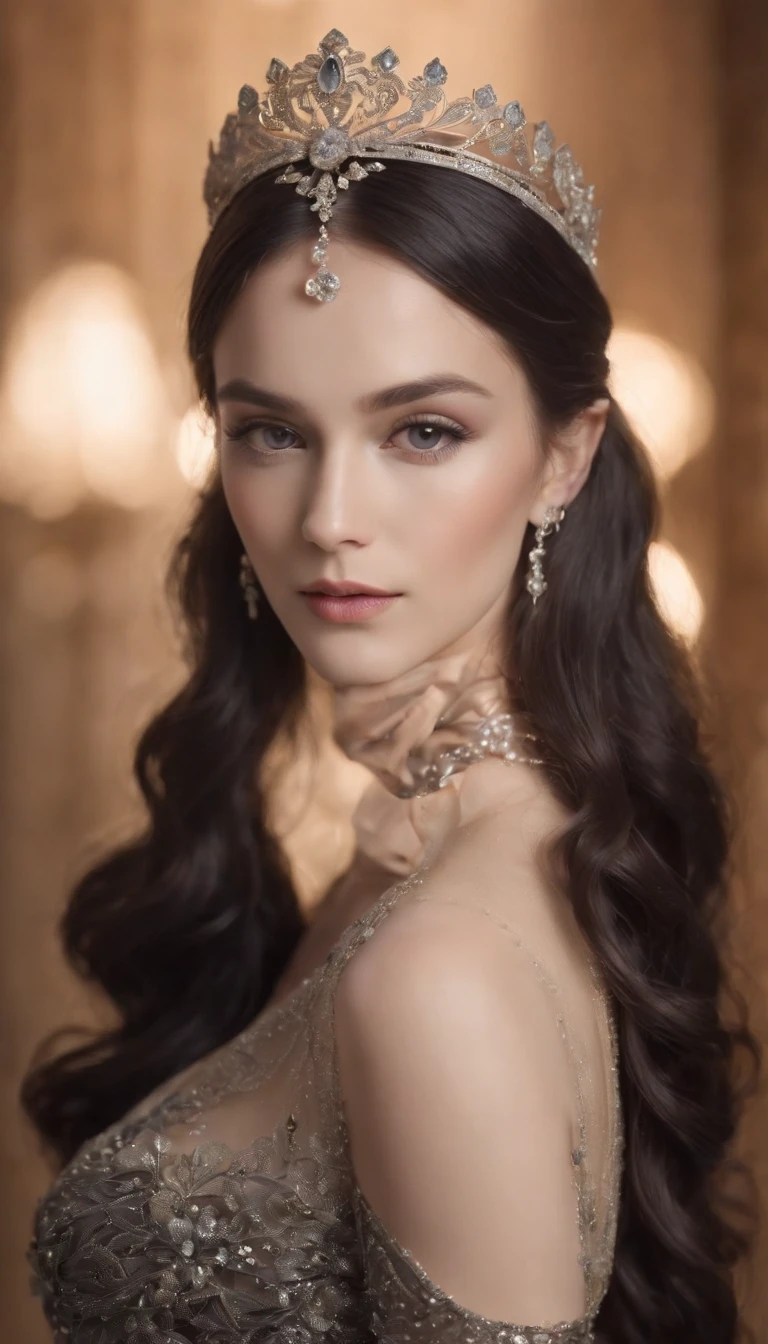 surreal, black flowing hair,big eyes,full frame,full tiara,jewelry,filigree,luxurious pale black outfit, from iridescent scales with decor,aesthetics of the female body, sophisticated,with floral elements,detailing,hd,delicate background, rainbow,magic,bohemian photo,shine, gloss,magical,beautiful, enchanting, colorful,bright studio lighting,iso800,30 mm lens,f/16,art deco,sweet fantasy,avery fantasy,cgi,1024K,professional photo,photorealism