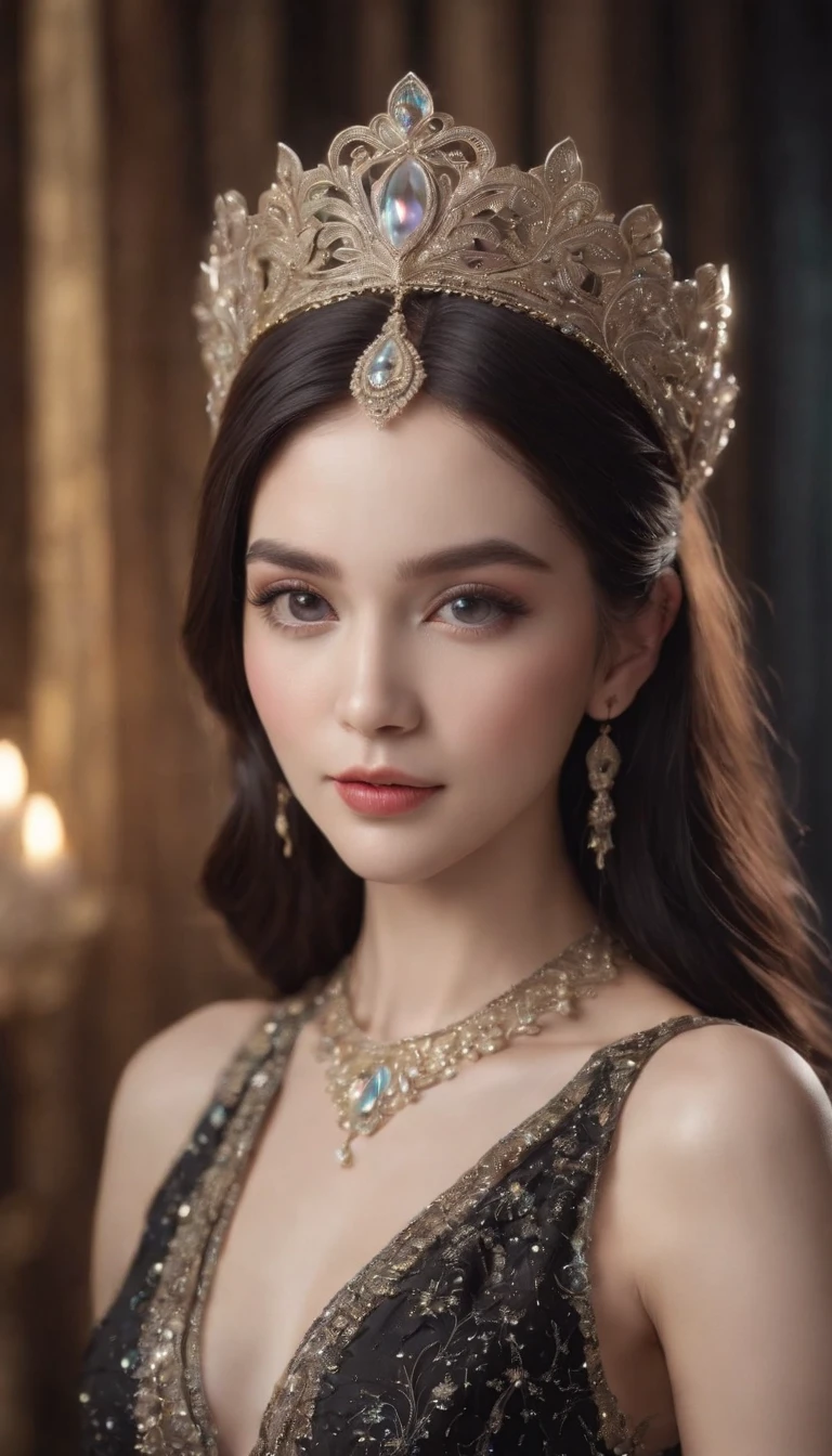 surreal, black flowing hair,big eyes,full frame,full tiara,jewelry,filigree,luxurious pale black outfit, from iridescent scales with decor,aesthetics of the female body, sophisticated,with floral elements,detailing,hd,delicate background, rainbow,magic,bohemian photo,shine, gloss,magical,beautiful, enchanting, colorful,bright studio lighting,iso800,30 mm lens,f/16,art deco,sweet fantasy,avery fantasy,cgi,1024K,professional photo,photorealism
