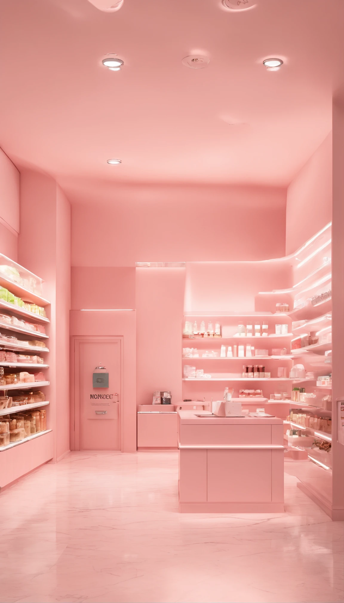 a front view photo of a convenient store cashier area with a pastel pink wall and with modern interior design and make the product in random color. make the floor marble and with neon light that said Cloudy Pantry