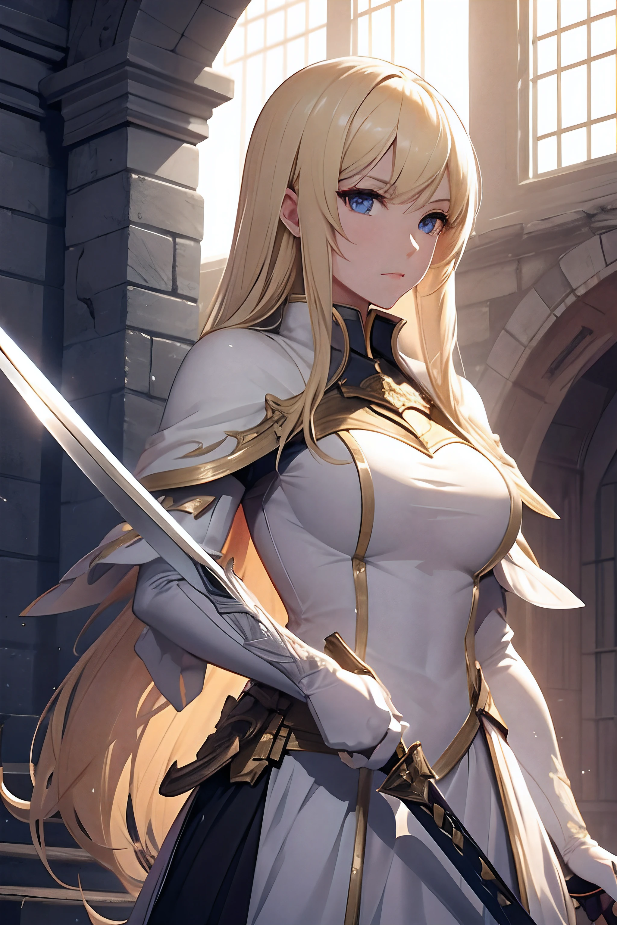 (table top, highest quality), (High resolution, Super detailed), (absurd, perfect anatomy), outdoor,One eye is hidden by hair, anime、beautiful girl、Shiny detailed design blonde long hair、gal、青色に輝くcoolな冷たい目、Detailed design of armor、swordsman、Brave sister、Standing picture, Sexy、cool、pressure、gothic,Bewitching