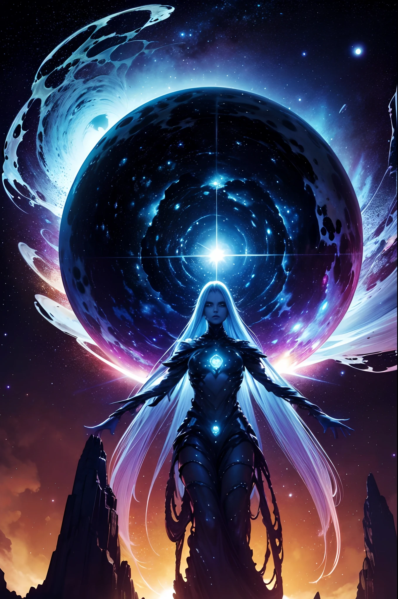 "cosmic entity": um ser com quatro olhos brilhantes, multiple arms, A breathtaking view from space reveals a twisted galaxy full of strange life forms and entities that humans understand. Planet with night sky, fenda, leviathan, 8k, lindo, dramatic scene