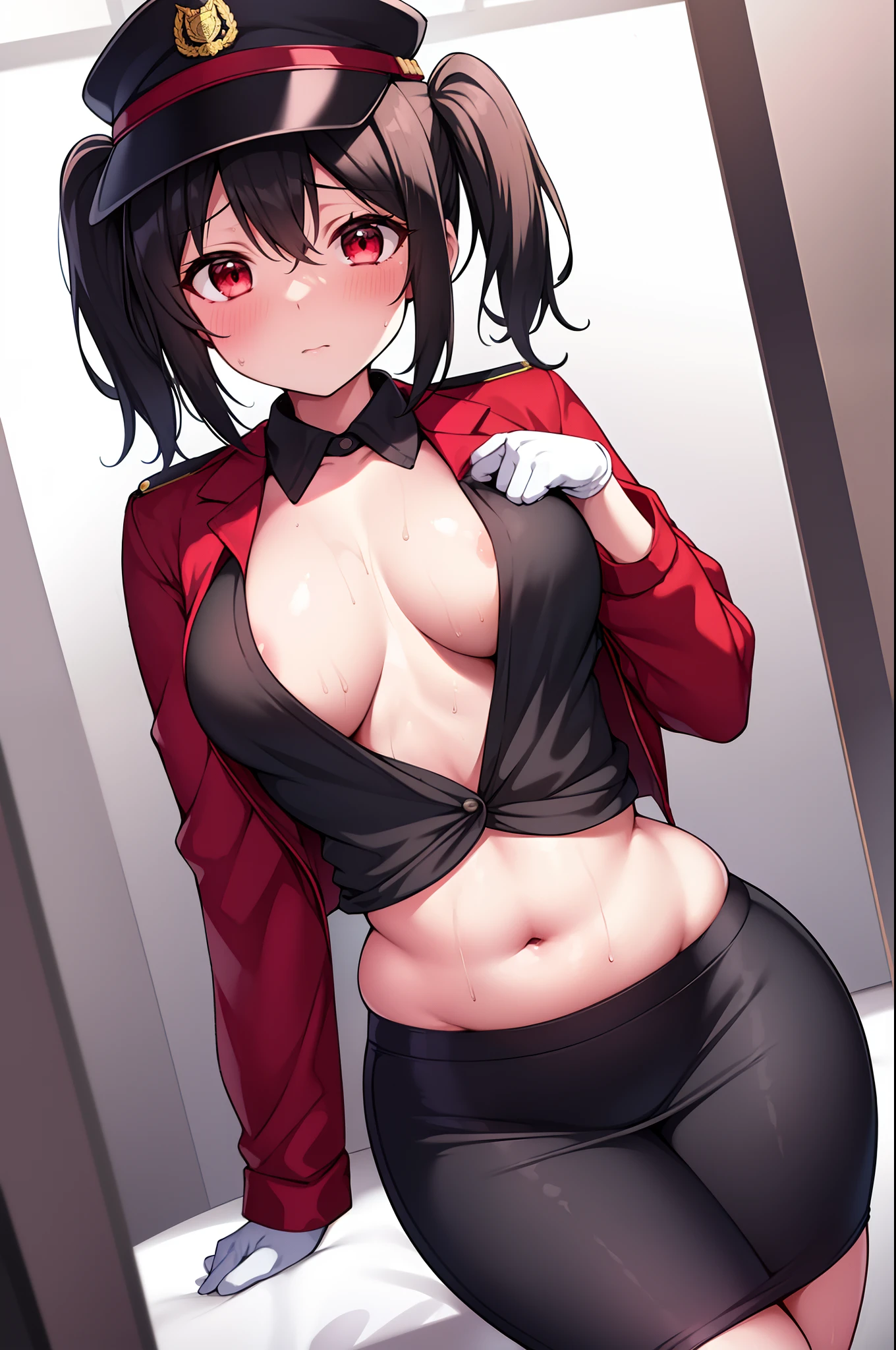 Yazawa nico, twintails, red eyes, small breasts, micro pencil skirt, police shirt,open shirt, sweating, thighs,thicc, curvy body, white gloves, police cap