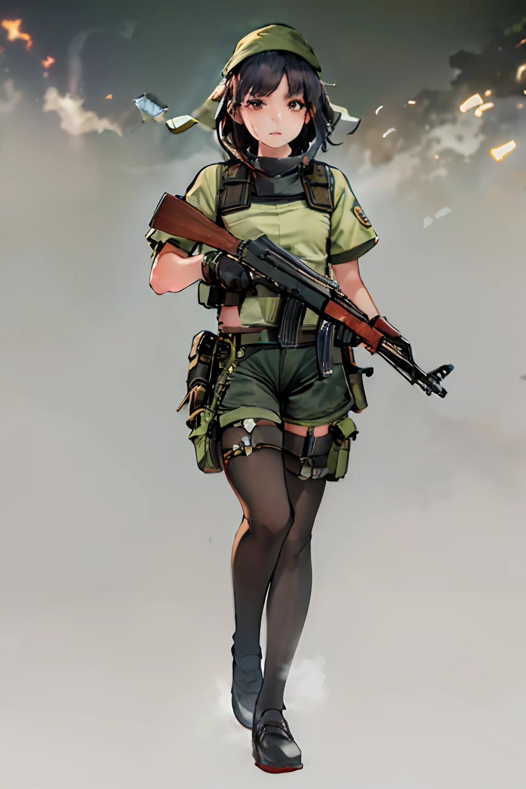 ((best quality)), ((masterpiece)), ((high res)), 1girl, muslim, brown eyes, full body, gloves, black hair, gun, holding and aiming gun, holding weapon, holster, kochiy sanae, pistol, solo, suppressor, thigh holster, thigh strap, trigger discipline, weapon, medium hair, matching pantyhose, tights, shorts