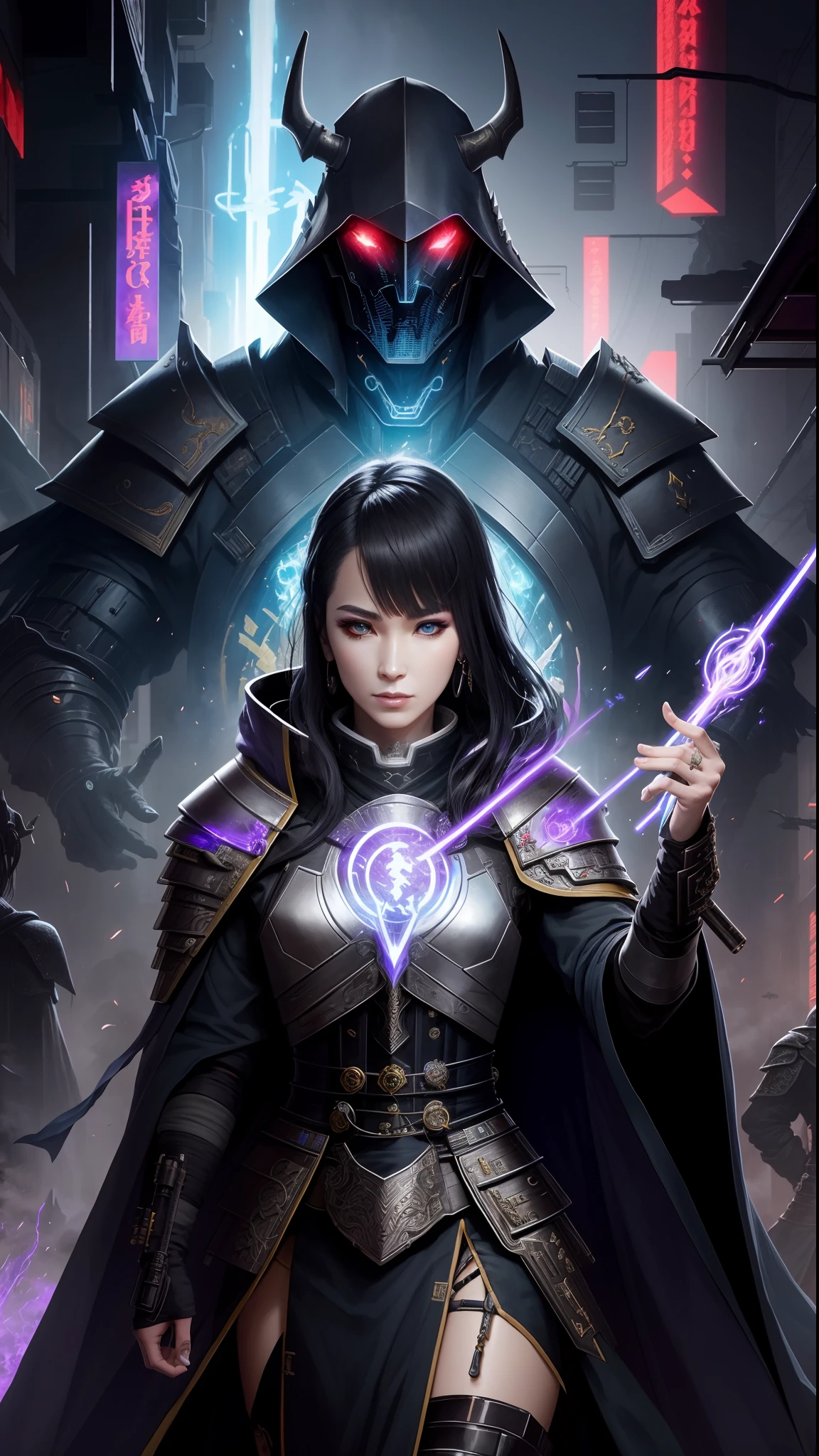 nijistyle,rfktr_technotrex,cyberpunk (sorceress:1.2) casting spells wearing armor, robes, cape, blend fantasy and science fiction together, techno-mancer inspired by D&D, Shadowrun, forgotten realms, wizards of the sword coast, fantasy flight,fcPortrait