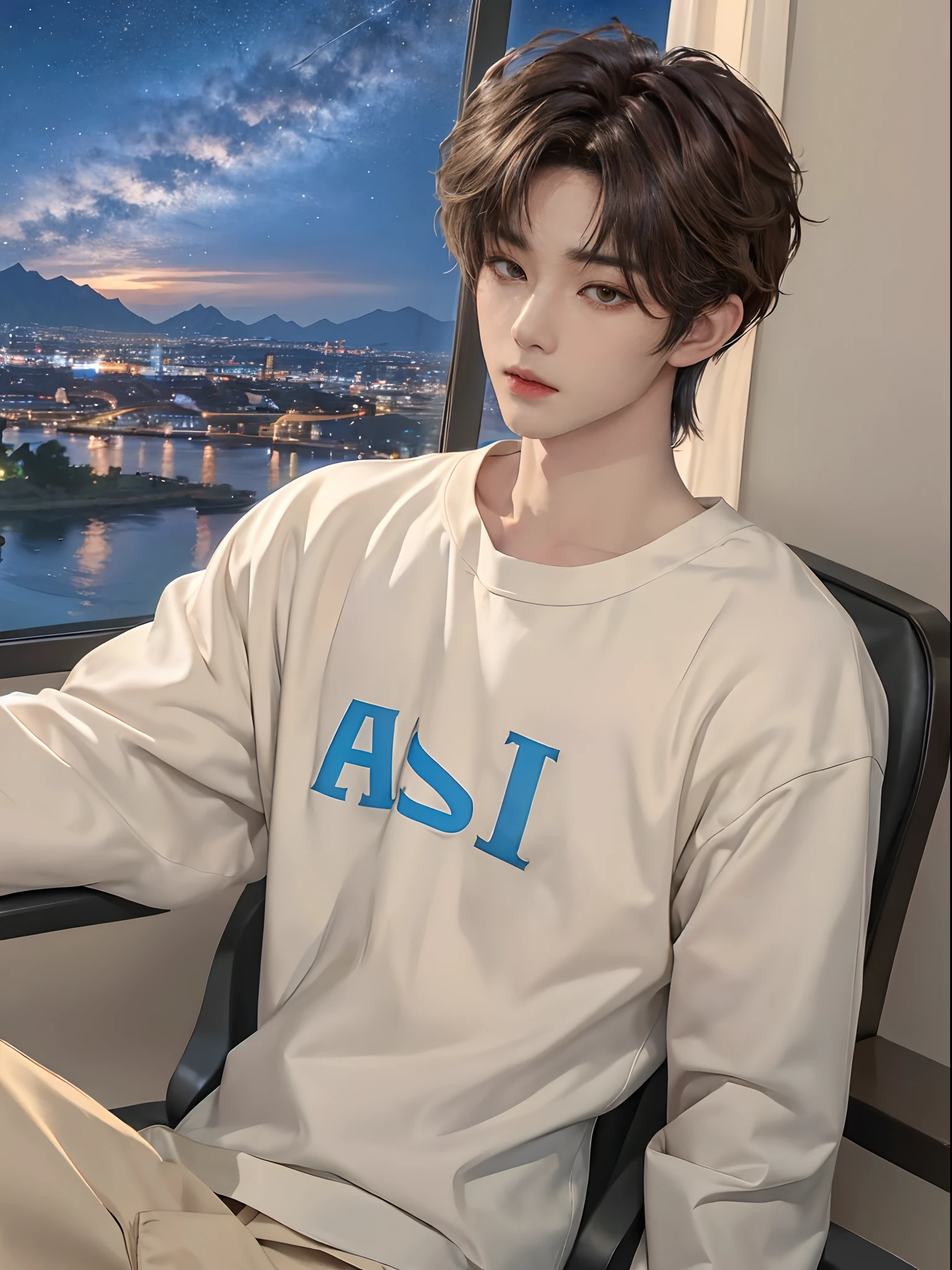 ((4K))、​masterpiece、（top-quality)、((high-level image quality))、One Manly Boy、((Fashionable men's plain clothes))、(Detailed beautiful eyes)、Stylish homeroom at night with a view of the night sky from the window、Take a selfie while sitting in a gaming chair in front of your PC、Face similar to Chaewon in Ruseraphim、((short hair above the ears))、((Smaller face))、((Neutral face))、((Light brown eyes))、((Korean boy))、((18year old))、((Handsome man))、((Wild look))、((Korean Makeup))、((elongated and sharp eyes))、((During game streaming))、((Shots from the upper body))、((Keep your face close to your audience))