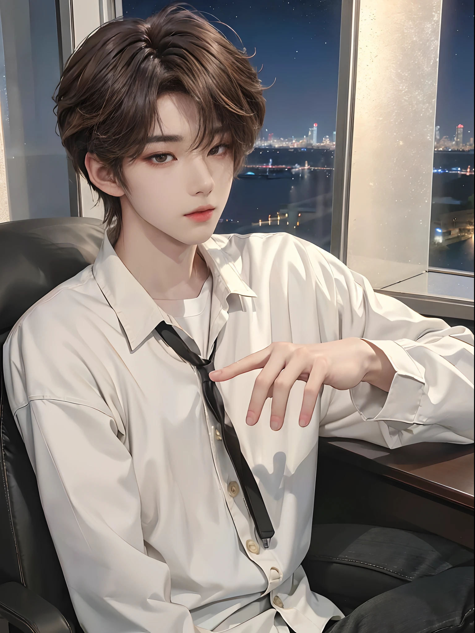 masterpiece、(top-quality)、((high-level image quality))、One Manly Boy、((White Y-shirt and long black pants))、(Detailed beautiful eyes)、Stylish homeroom、Take a selfie while sitting with your back to the wall、Face similar to Chaewon in Ruseraphim、((short hair above the ears))、((Smaller face))、((Neutral face))、((Light brown eyes))、((Korean boy))、((18year old))、((Handsome man))、((Wild look))、((Korean Makeup))、((elongated and sharp eyes))、((selfy))、((Selfie near face))、((Close-range shooting))