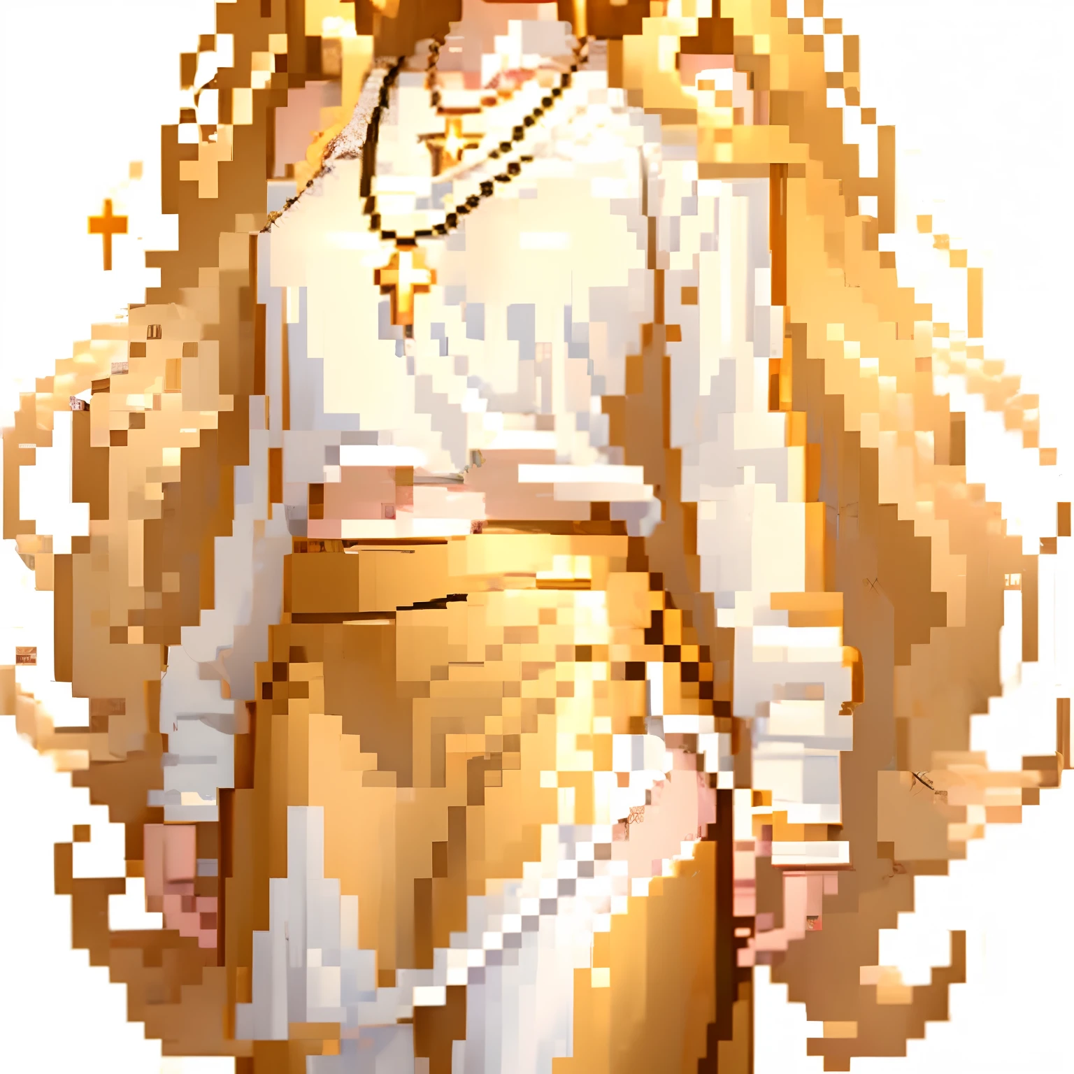 conceptual art of the character, white background, full body from the neck down, semi-realistic, 1 girl, long and wavy golden hair, white long-sleeved cropped top, golden details, golden necklace with star pendant, black sweatpants, white skirt, , extremely beautiful, elegant and determined