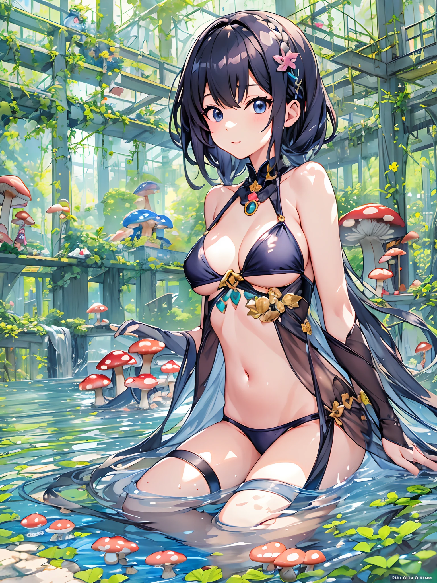 (mushroom on head:1.3), anime girl in a bikini sitting in a pool with mushrooms, top rated on pixiv, splash art anime , wallpaper anime blue water, trending on artstation pixiv, pixiv, loli Shitao, rem rezero, pixiv contest winner, at pixiv, beautiful fantasy anime, clean detailed anime art, high detailed official artwork
