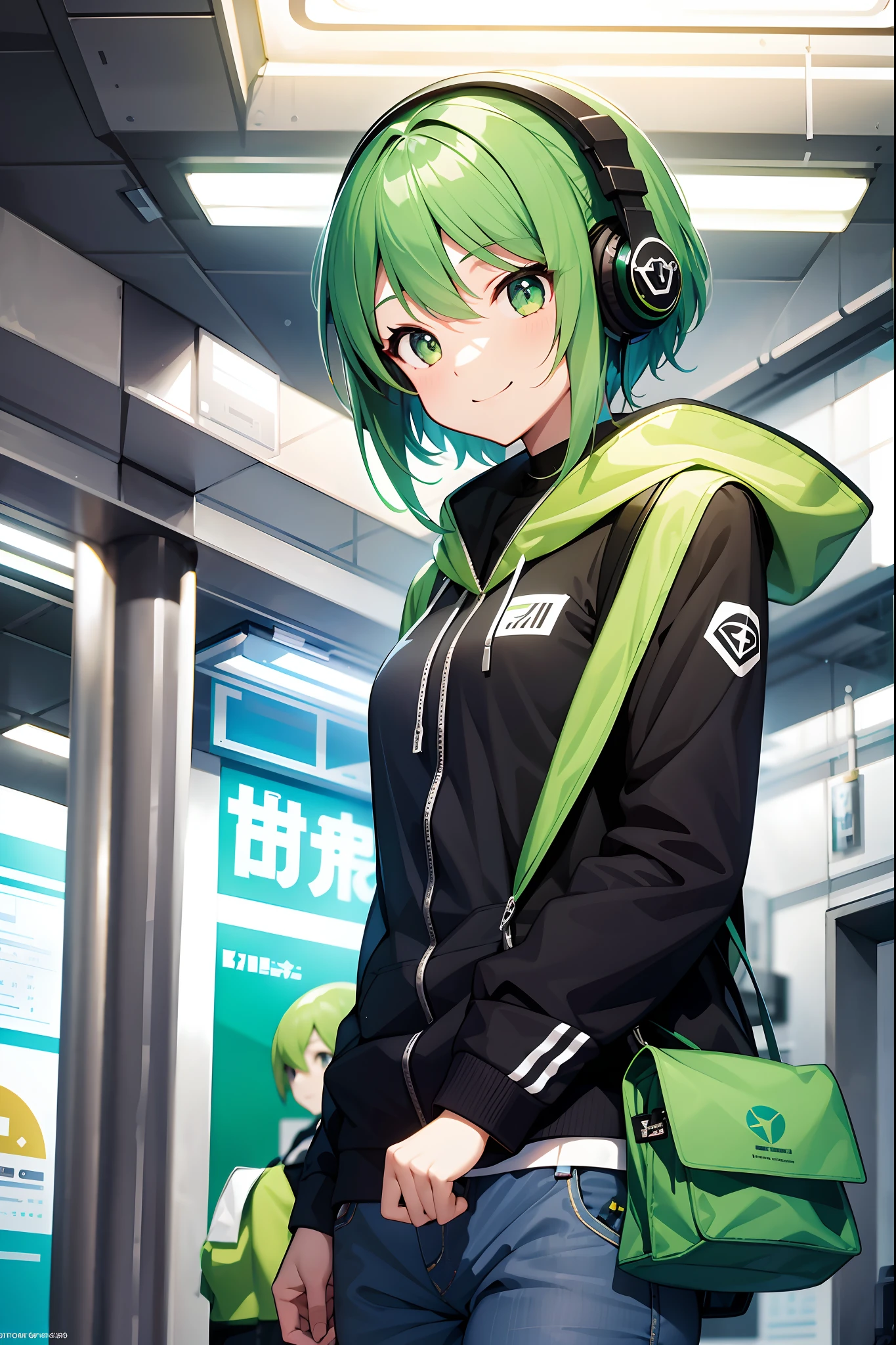 (masterpiece), science fiction, scenery, 1girl, smile, green hair, white eyes, headphones, subway station