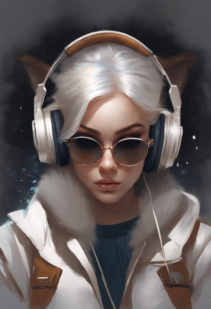 Perfect centering, A cute kitten all over, Wear a student jacket, Wearing sunglasses, Wearing headphones, Standing position, Abstract beauty, Centered, Looking at the camera, Facing the camera, nearing perfection, Dynamic, Moonlight, Highly detailed, Digital painting, art stations, concept-art, smooth, Sharp focus, 8K, high definition resolution, illustration, Art by Carne Griffiths and Wadim Kashin, White background