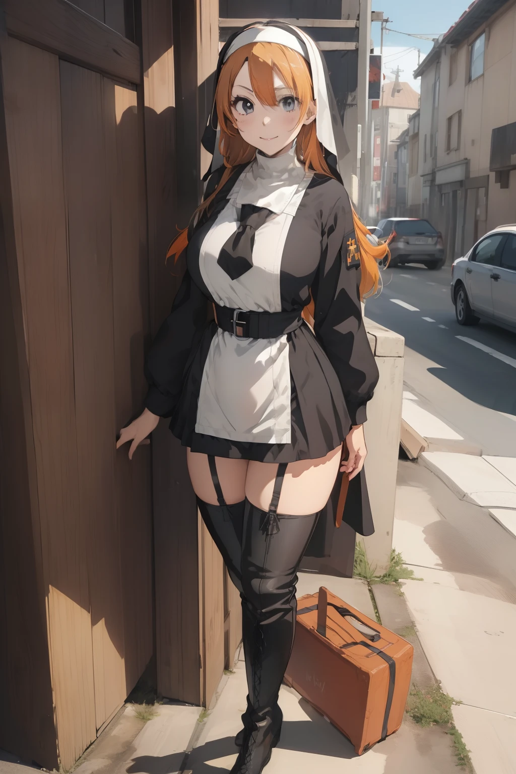 (masterpiece、top-quality、top-quality、Beautifully Aesthetic:1.2)、1 girl in、ighly detailed、highestdetailed、grey eyes、orange color hair|Semi-long blonde hair、((nun clothes))、(thigh-high socks)、Matsumoto Rangiku、graffiti art、Look at the viewer、A smile、Bedroom、on the beds、((a miniskirt))、(((Show underwear)))、((Black underwear))、((long boots))