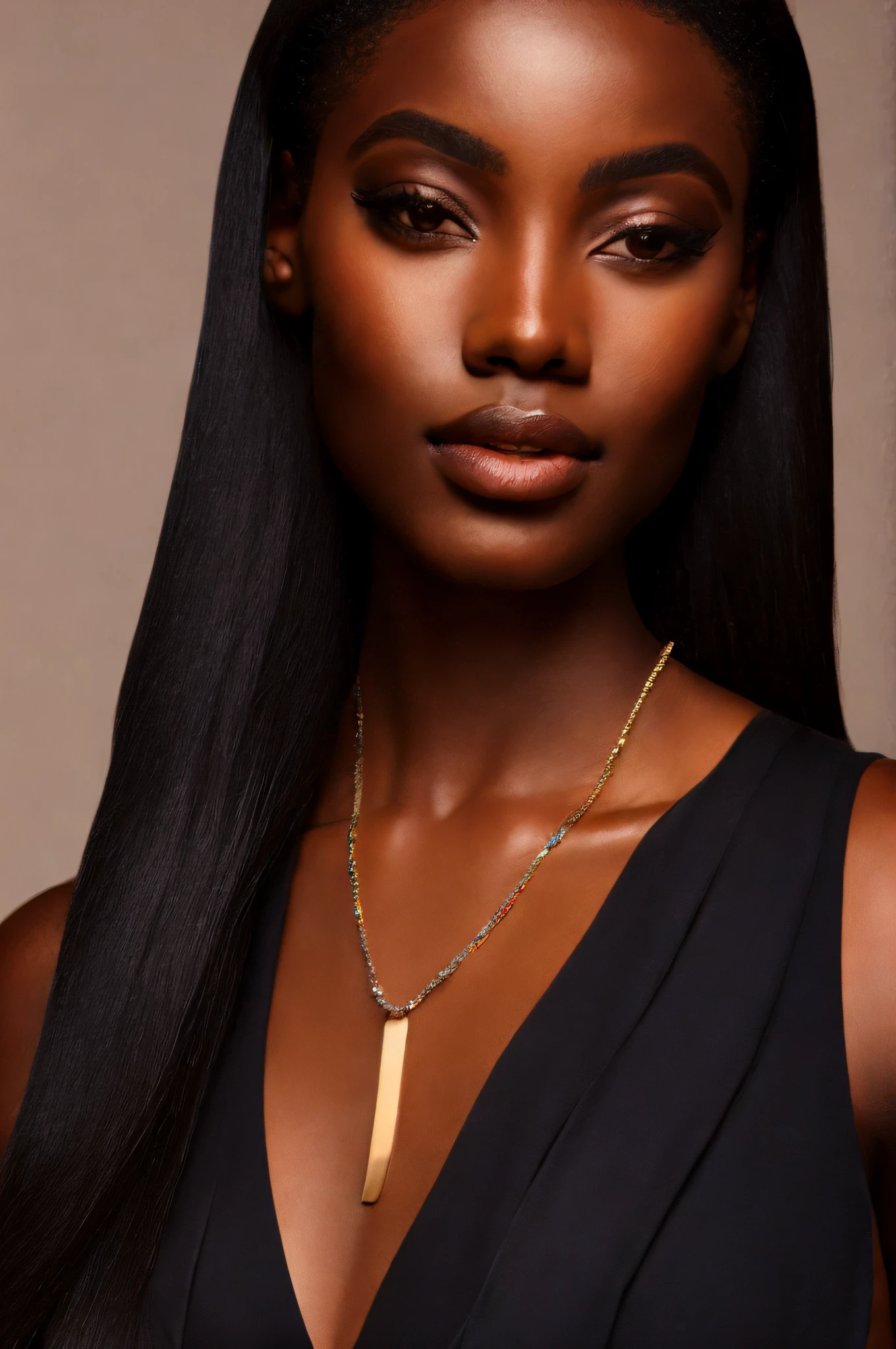 a close up of a woman with long black hair and a necklace, dark black skin tone, dark skin tone, with brown skin, she has olive brown skin, dark brown skin, very dark brown skin!, dark black skin, dark skinned, dark-skinned, dark skin, brown skin. light makeup, maria borges, black girl, young black woman