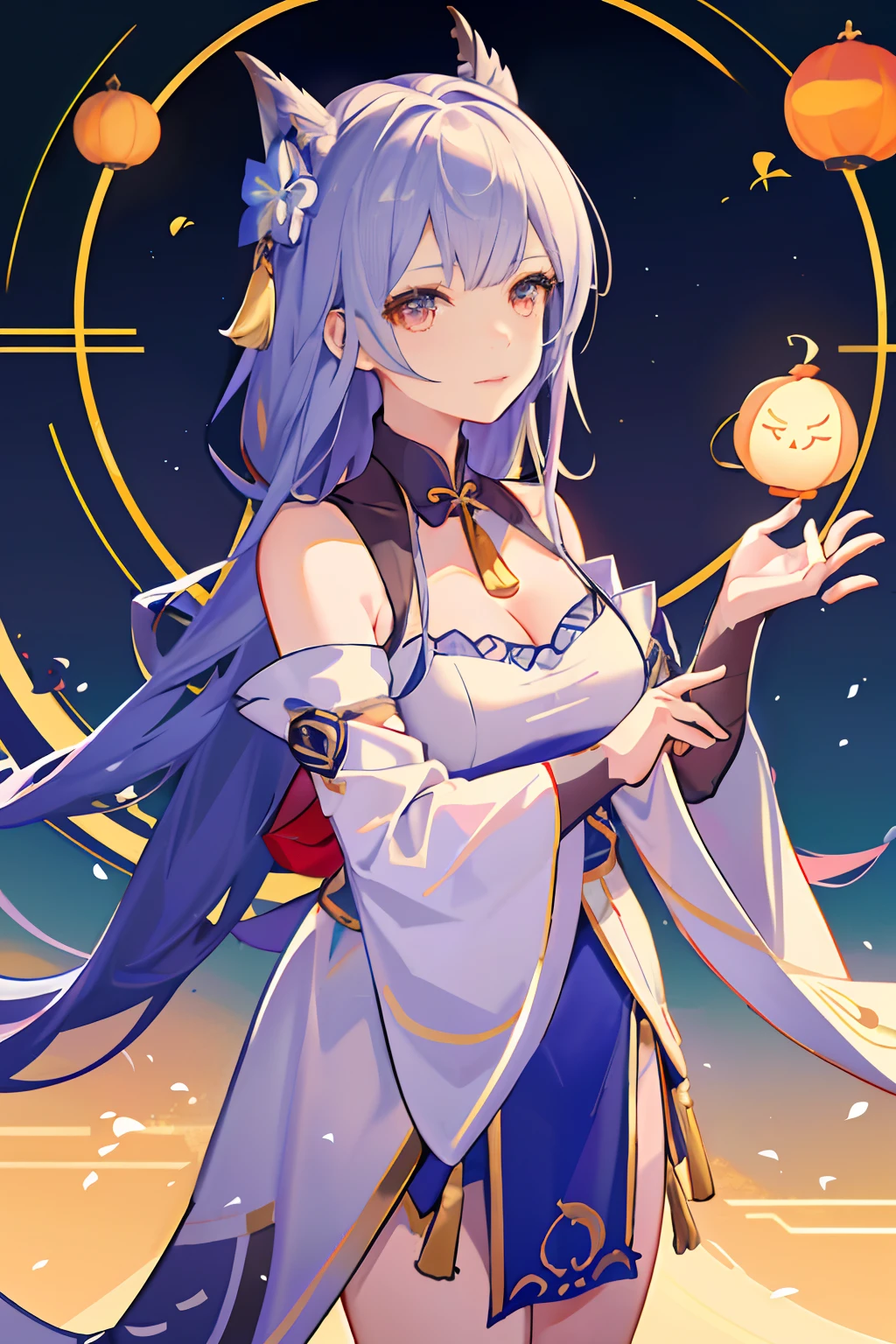 1girll, sankta. Luigi (azur lane), standing, Upper body, Chinese Mid-Autumn Festival，dress, Silver dress, (Clothing that exposes:1.3), scenery,, anirl, Best quality, 超高分辨率,