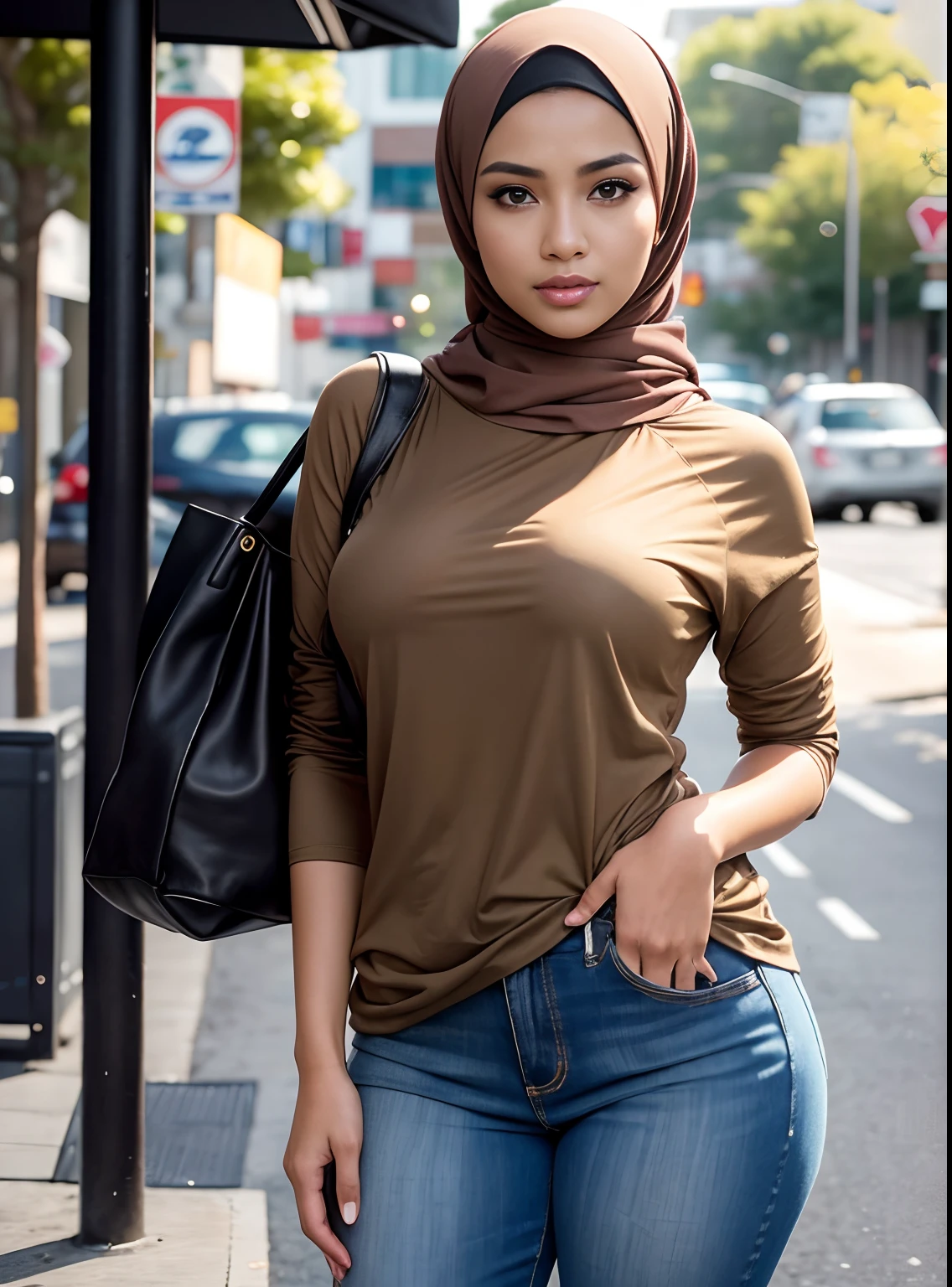 Best quality, high resolution, masterpiece: 1.3), beautiful Malay woman in hijab, big breasts, slim figure, tight t-shirt, wearing light brown jeans, street details and facial and skin textures beautifully rendered, eye details, double eyelids, chest great look,Very detailed,On the road,(bokeh)