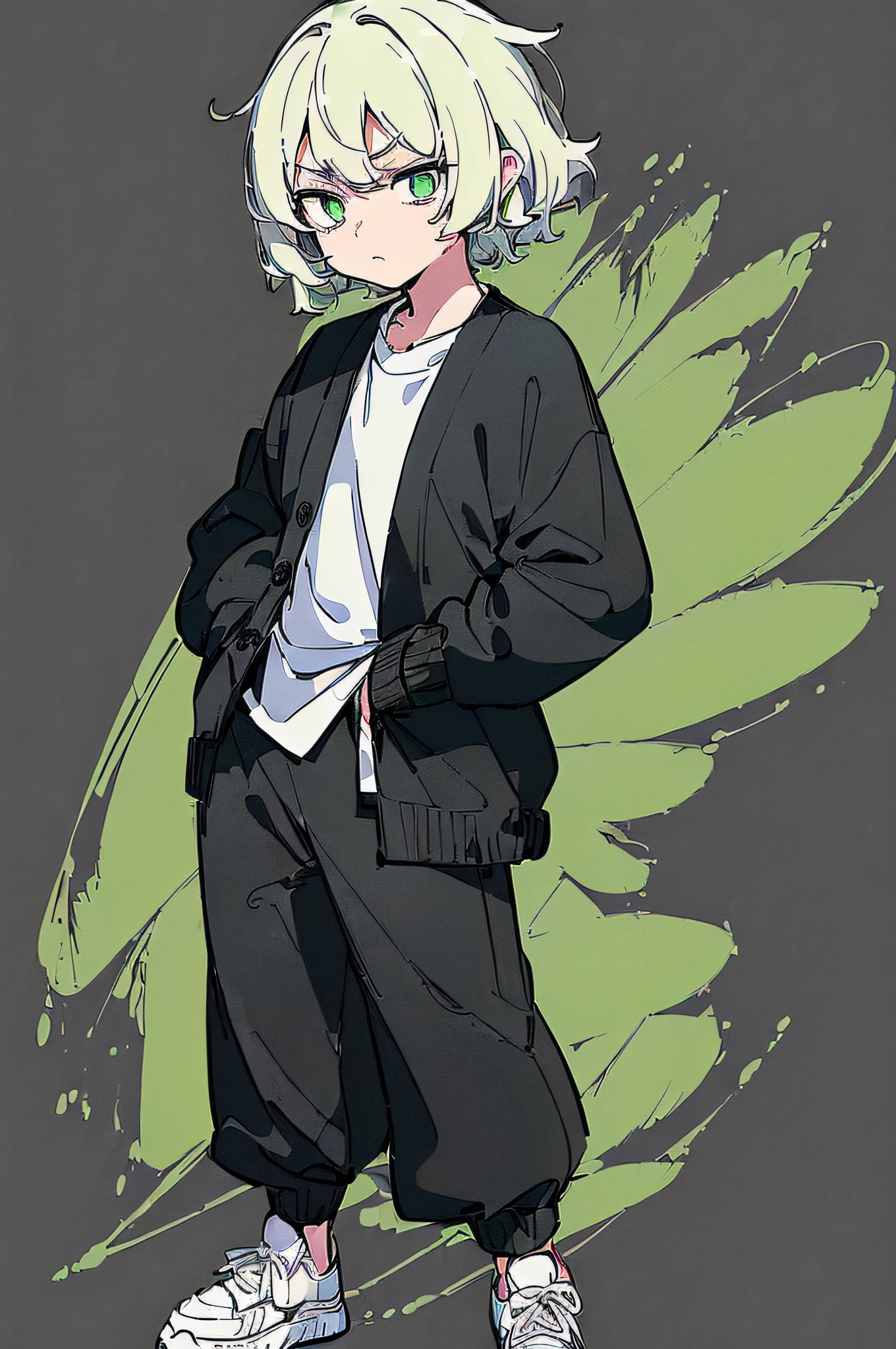 ((((((Look away, Not looking at the camera)))))), (((1 girl, Solo, Alone))),(((solid black background))),(Cartoonish style, quadratic element, Simple Color Scheme) , (Natural posture, Full body, Standing, Natural posture, upright posture), ((((Emphasis on image quality, top-quality, in 8K, masterpiece, Ultra High Resolution)))), (crisp lines, Crisp Contours, Clean lines),(Anime, big eye, Deformation, Cute, Anime Character, It features a simple, Eye Highlight, Simple little nose, Less hair highlights, smooth lines),(((Hair color is lime green, Wavy Hair)))), ((((Wearing a black cardigan over a white shirt、Wear chef pants、Wear sneakers )))), ((((boyish, Serious, Cool))))